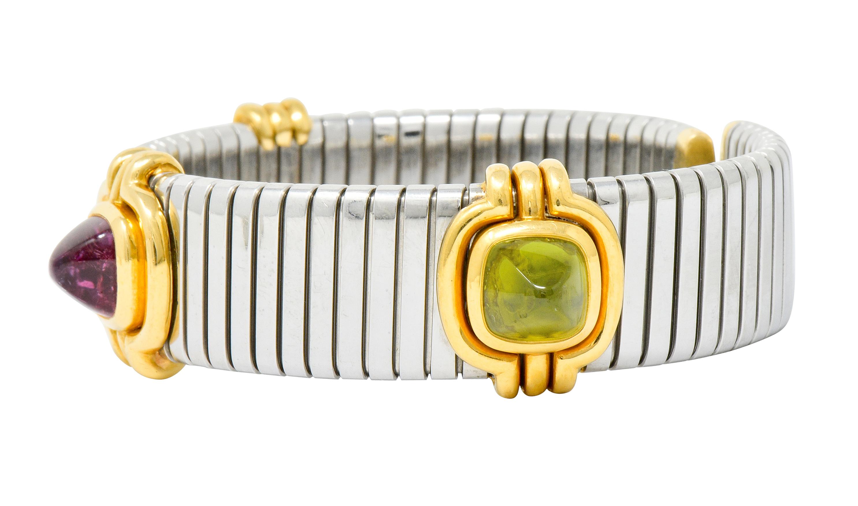 Bulgari Peridot Tourmaline Stainless Steel 18 Karat Gold Bracelet Tubogas 1