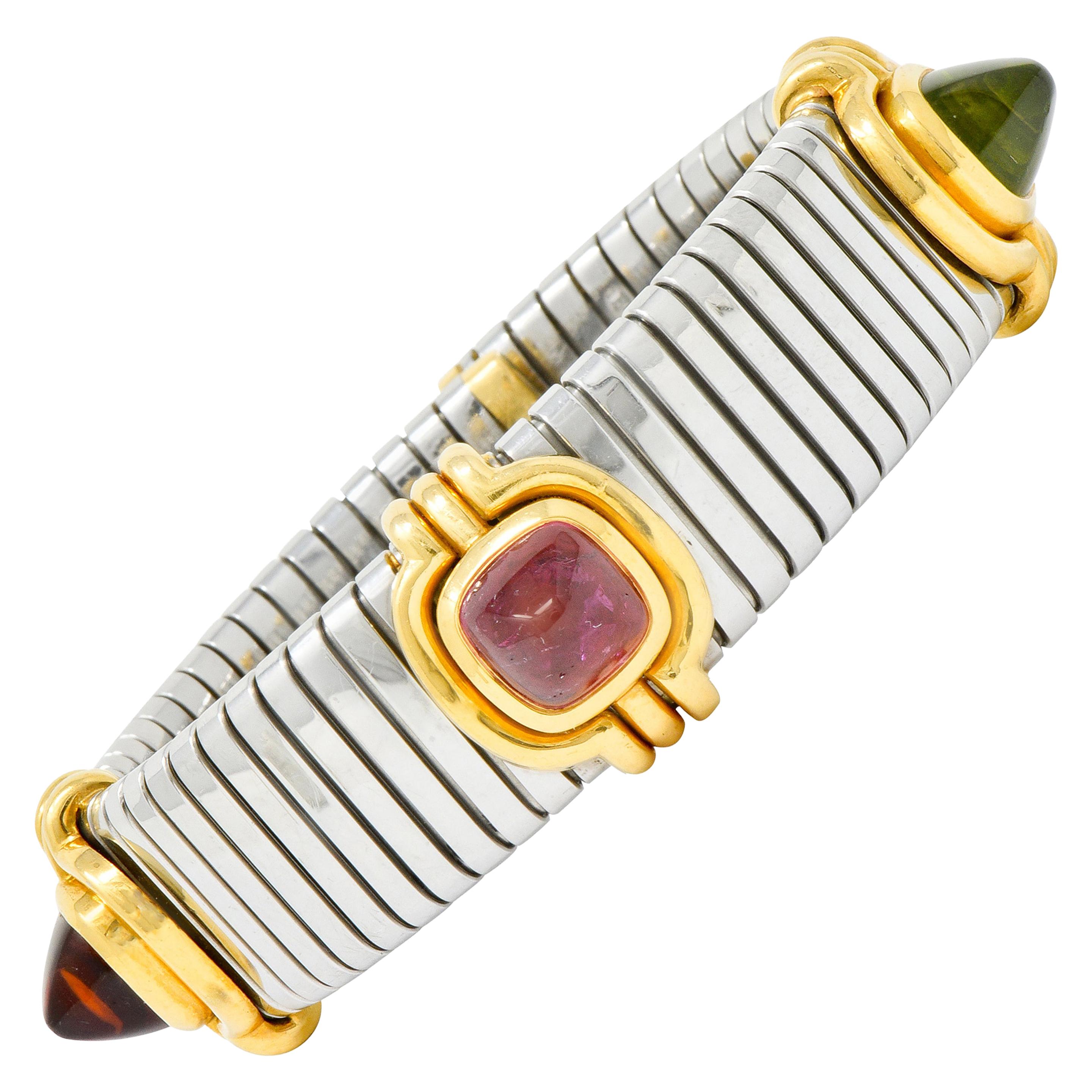 Bulgari Peridot Tourmaline Stainless Steel 18 Karat Gold Bracelet Tubogas