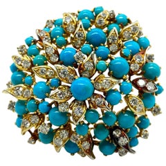 Bulgari - Broche en or jaune avec turquoise perse et diamants en forme de grappe