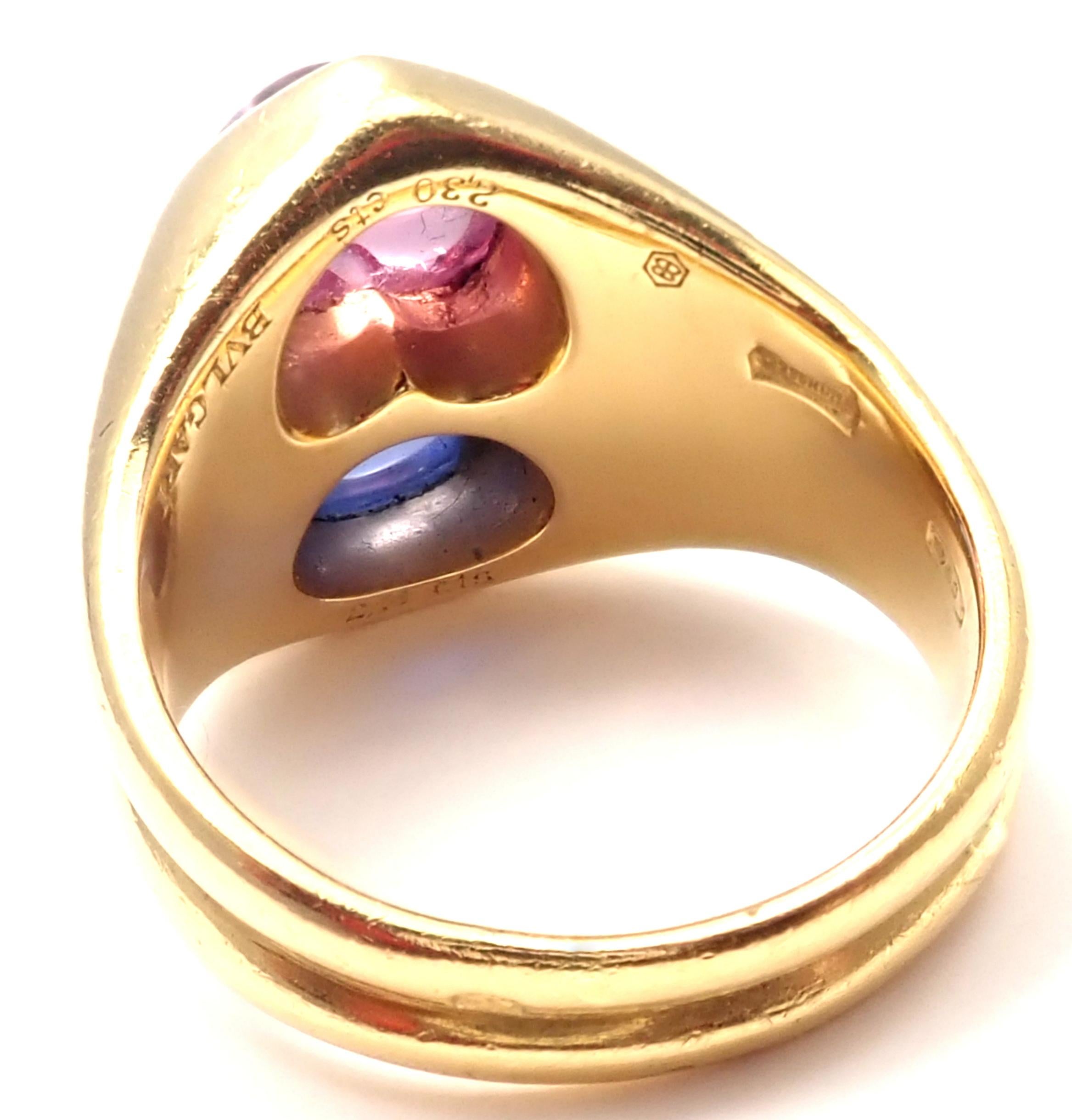 Women's or Men's Bulgari Pink and Blue Sapphire Yellow Gold Ring