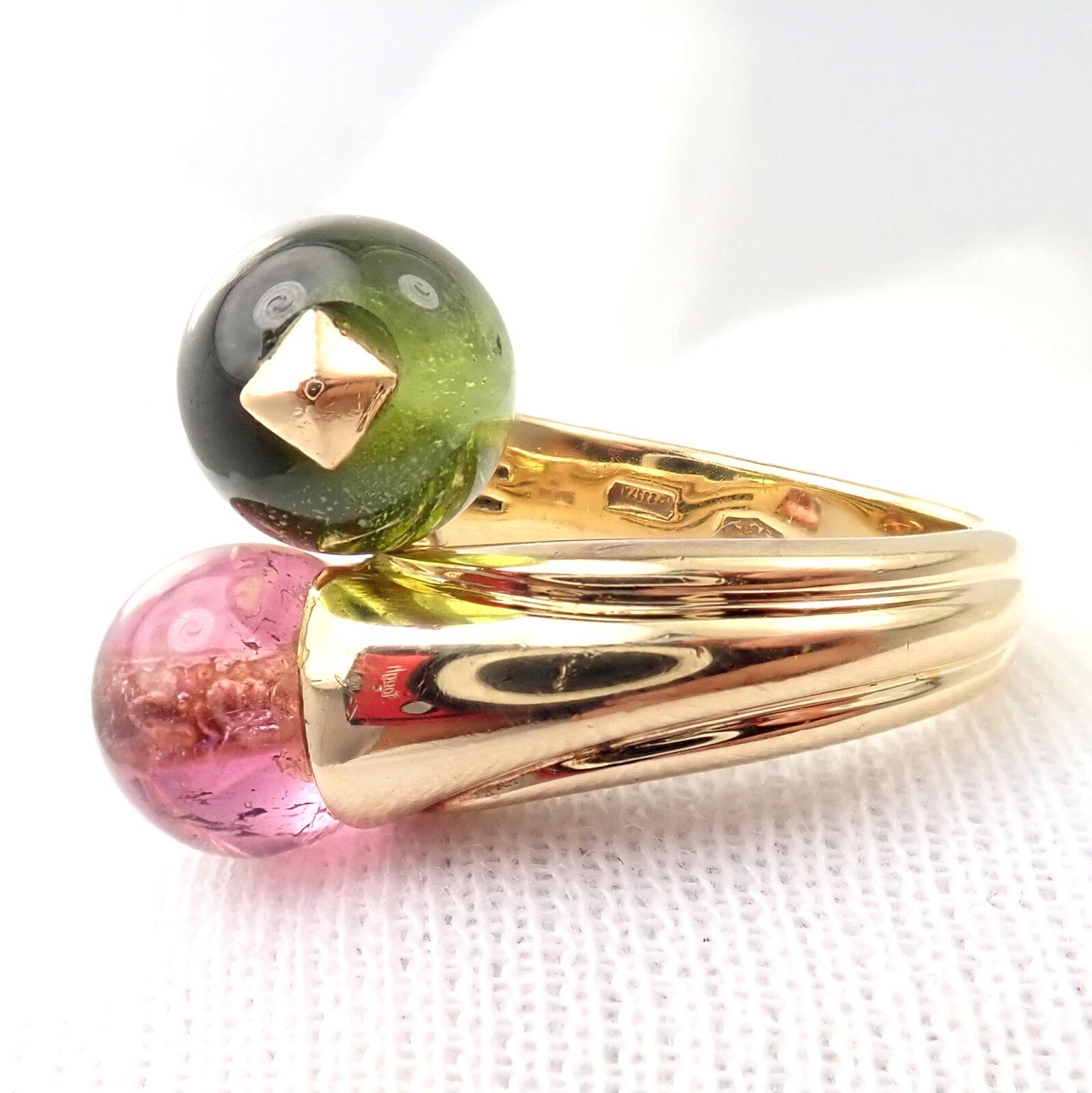 Bulgari Pink and Green Tourmaline Yellow Gold Bypass Ring For Sale 4