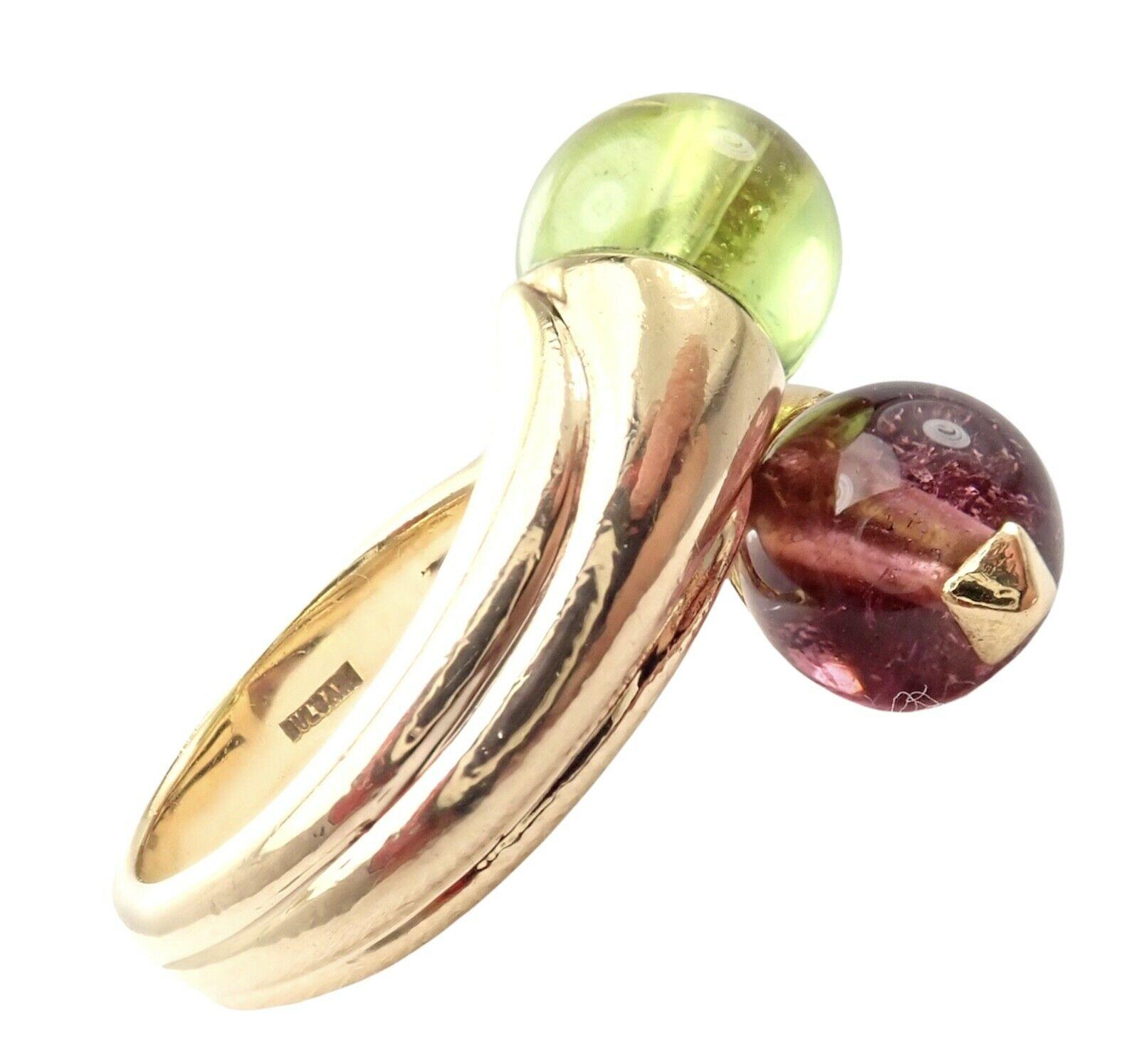 Bulgari Pink and Green Tourmaline Yellow Gold Bypass Ring For Sale 5