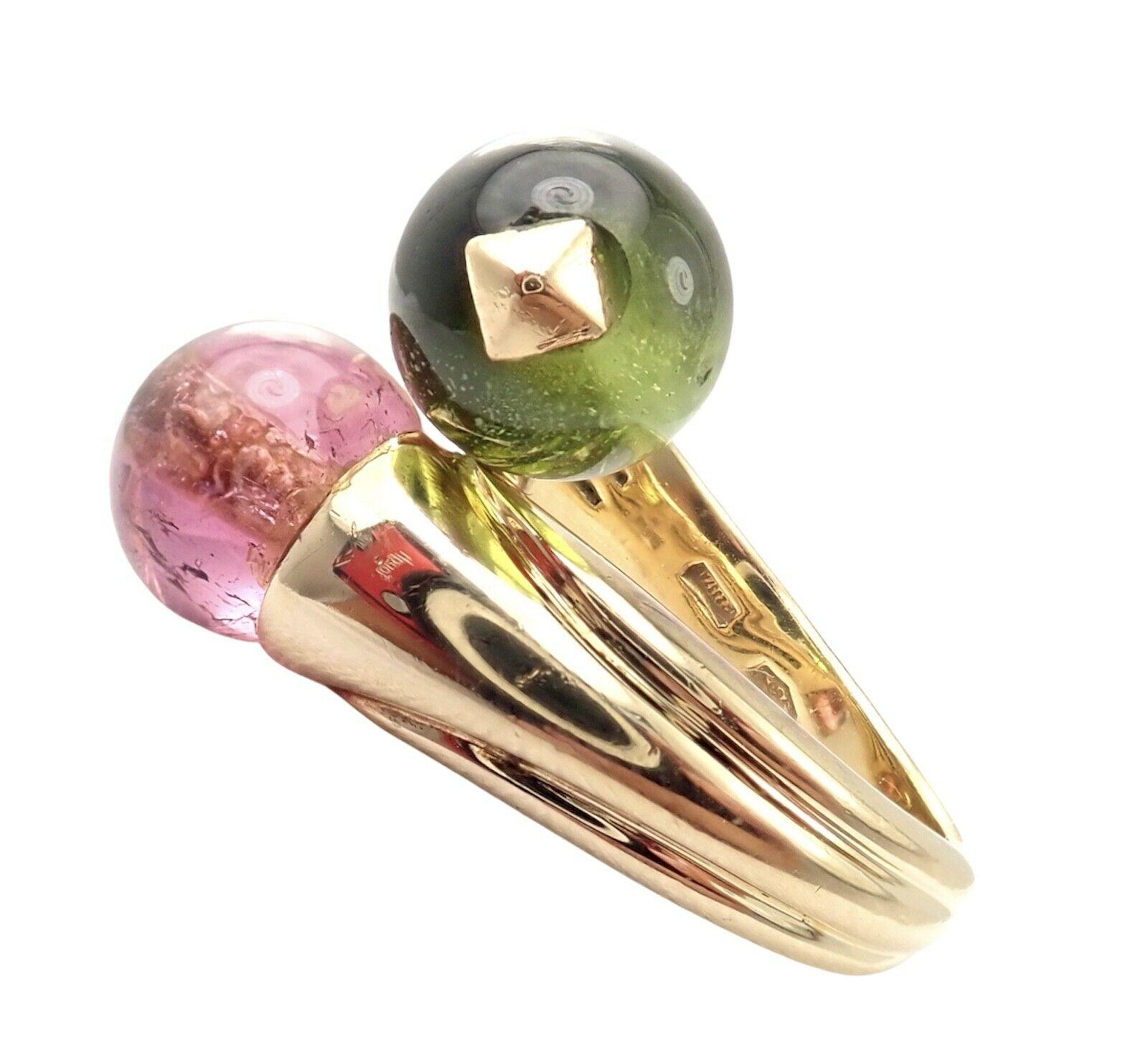 Bead Bulgari Pink and Green Tourmaline Yellow Gold Bypass Ring For Sale