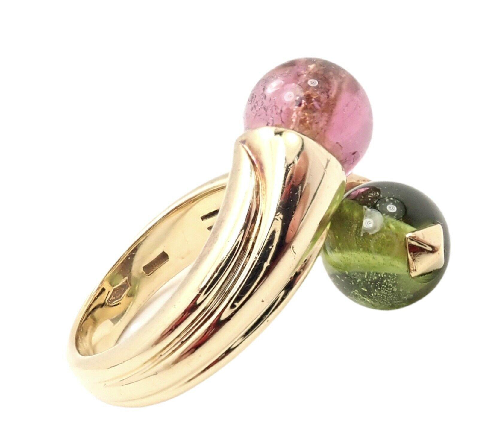 Bulgari Pink and Green Tourmaline Yellow Gold Bypass Ring In Excellent Condition For Sale In Holland, PA