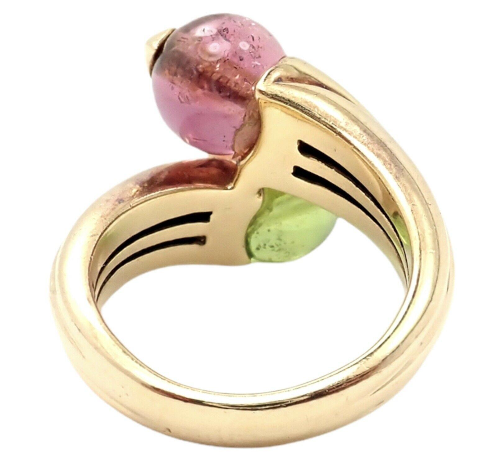 Women's Bulgari Pink and Green Tourmaline Yellow Gold Bypass Ring For Sale