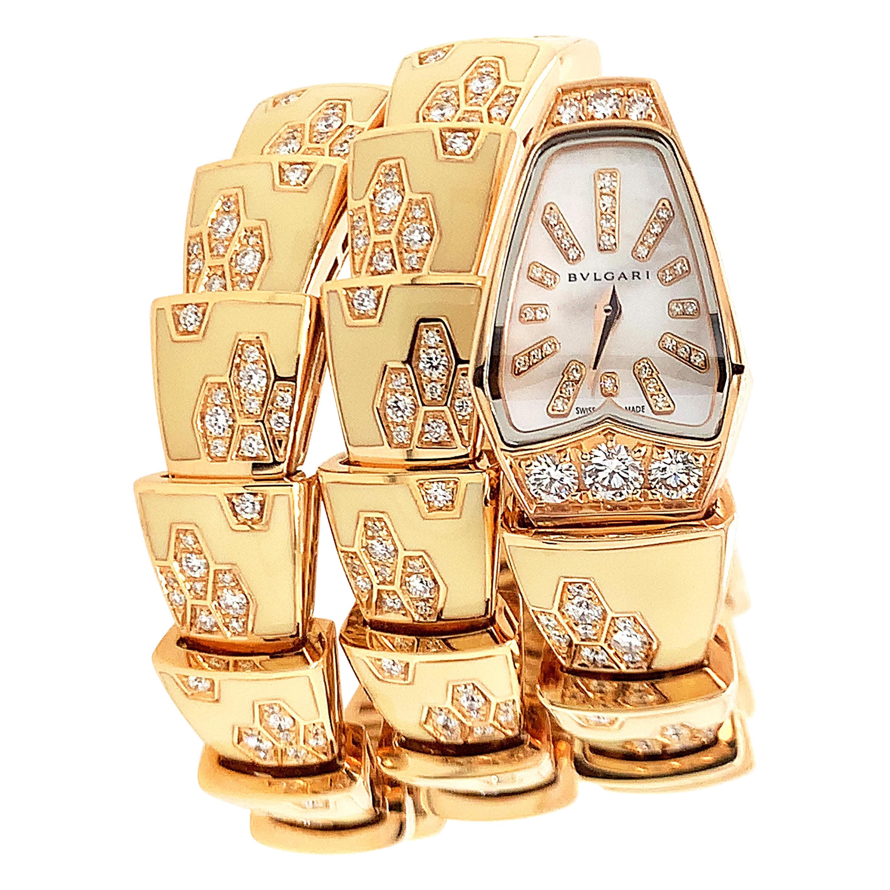Bulgari Pink Gold Enamel Diamond Serpent Bracelet Watch