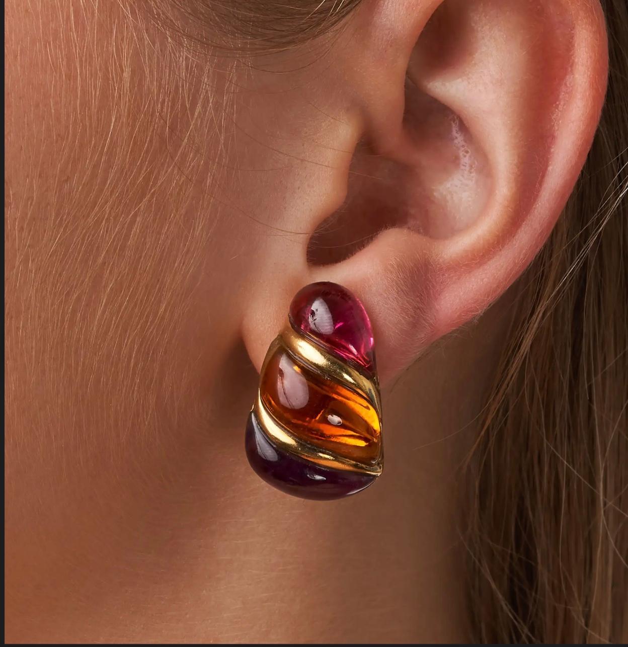 Mixed Cut Bulgari Pink Tourmaline, Amethyst and Citrine Ear Clips For Sale