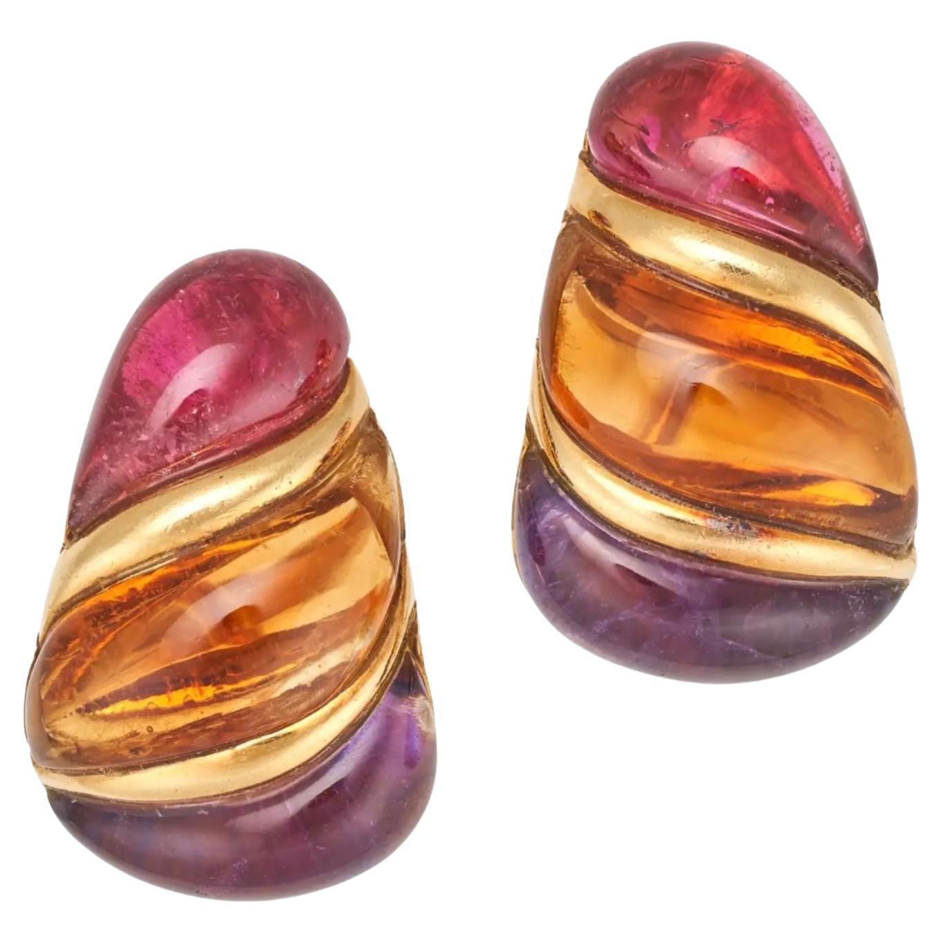 Bulgari Pink Tourmaline, Amethyst and Citrine Ear Clips For Sale