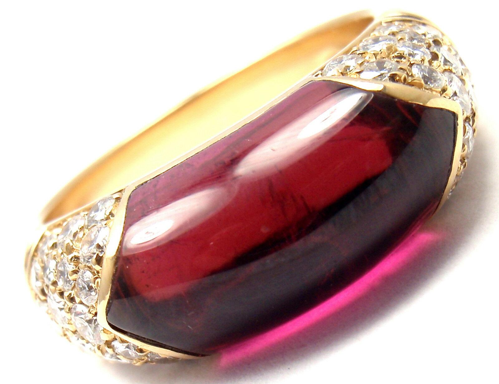 18k Yellow Gold Diamond Pink Tourmaline Ring by Bulgari. 
With 40 round brilliant cut diamonds VS1 clarity, G color total weight approx. .60ct
1 pink tourmaline 15mm x 7mm
This ring comes with original Bvlgari box.
Details:  
Ring Size: 5.5 
Width: 