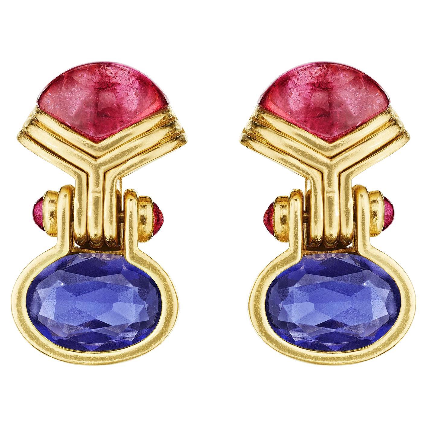 Boucles d'oreilles Bulgari en tourmaline rose, iolite et rubis en vente