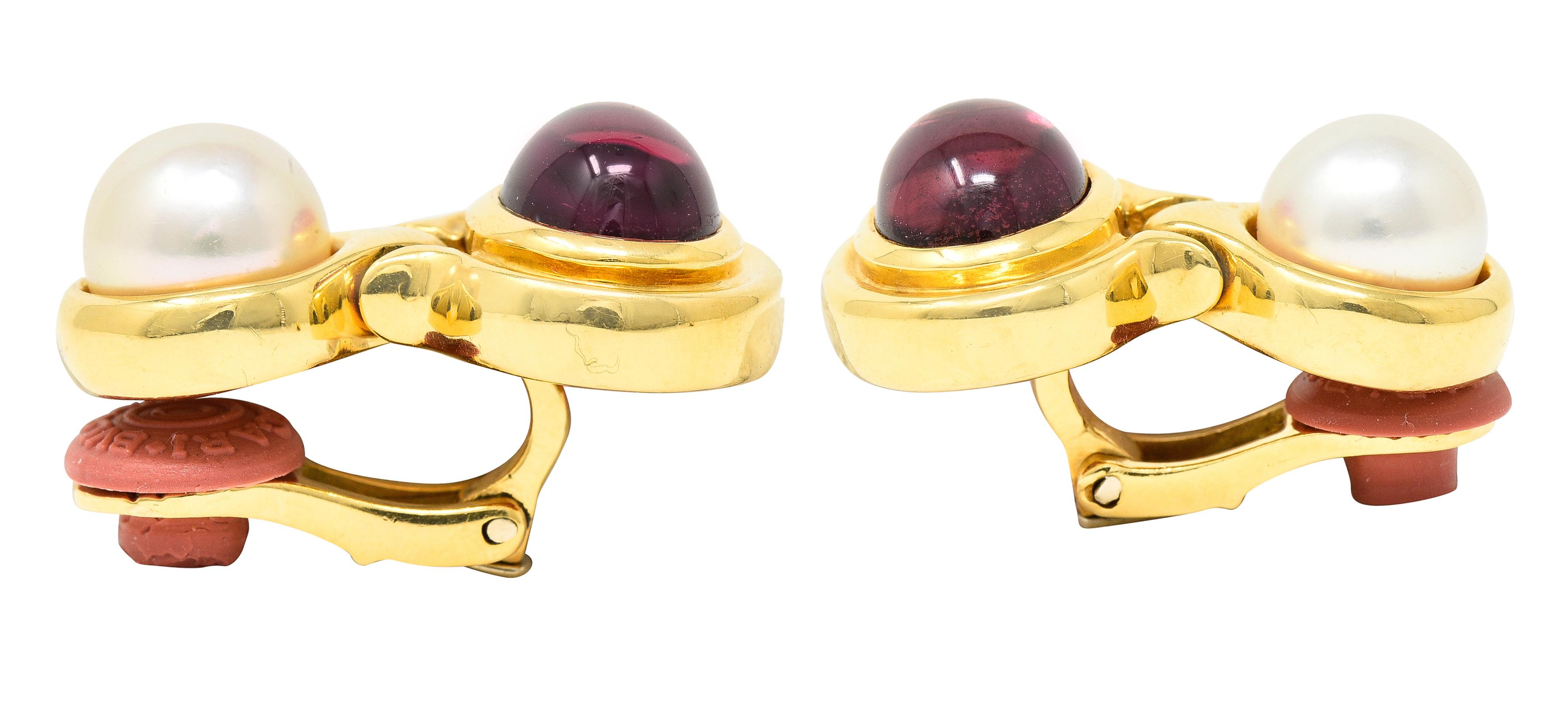 Oval Cut Bulgari Pink Tourmaline Pearl 18 Karat Yellow Gold Vintage Ear-Clip Earrings