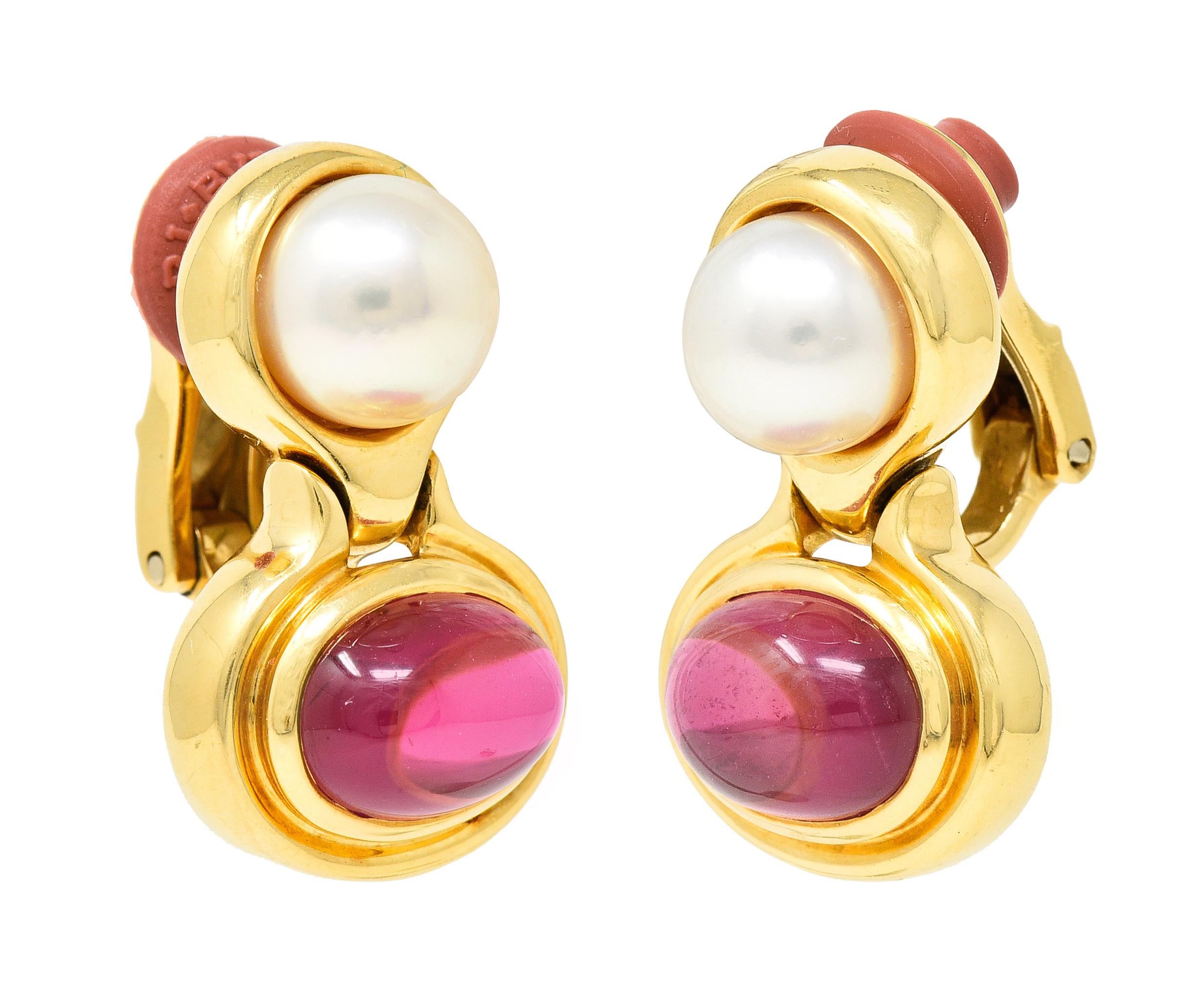 Bulgari Pink Tourmaline Pearl 18 Karat Yellow Gold Vintage Ear-Clip Earrings In Excellent Condition In Philadelphia, PA