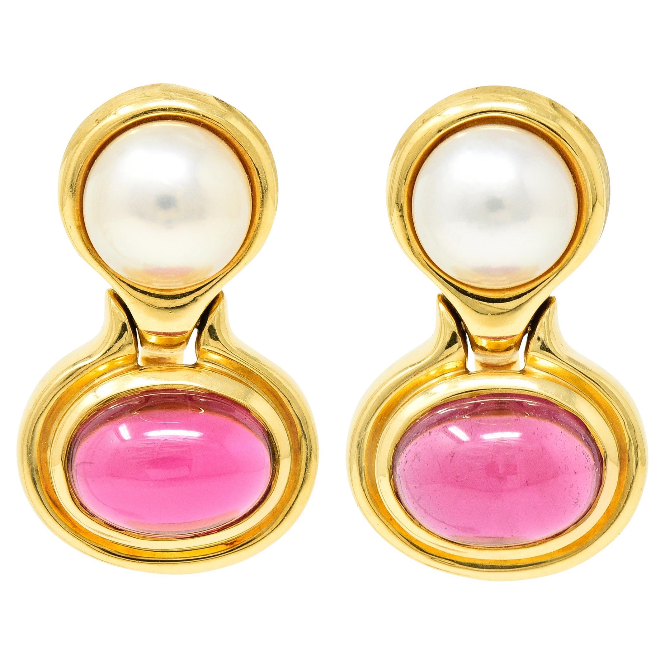 Bulgari Pink Tourmaline Pearl 18 Karat Yellow Gold Vintage Ear-Clip Earrings