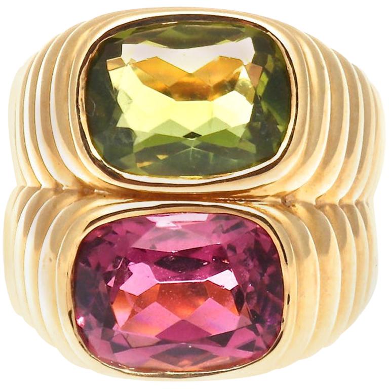 Bulgari Pink Tourmaline Peridot 18 Karat Gold Ring