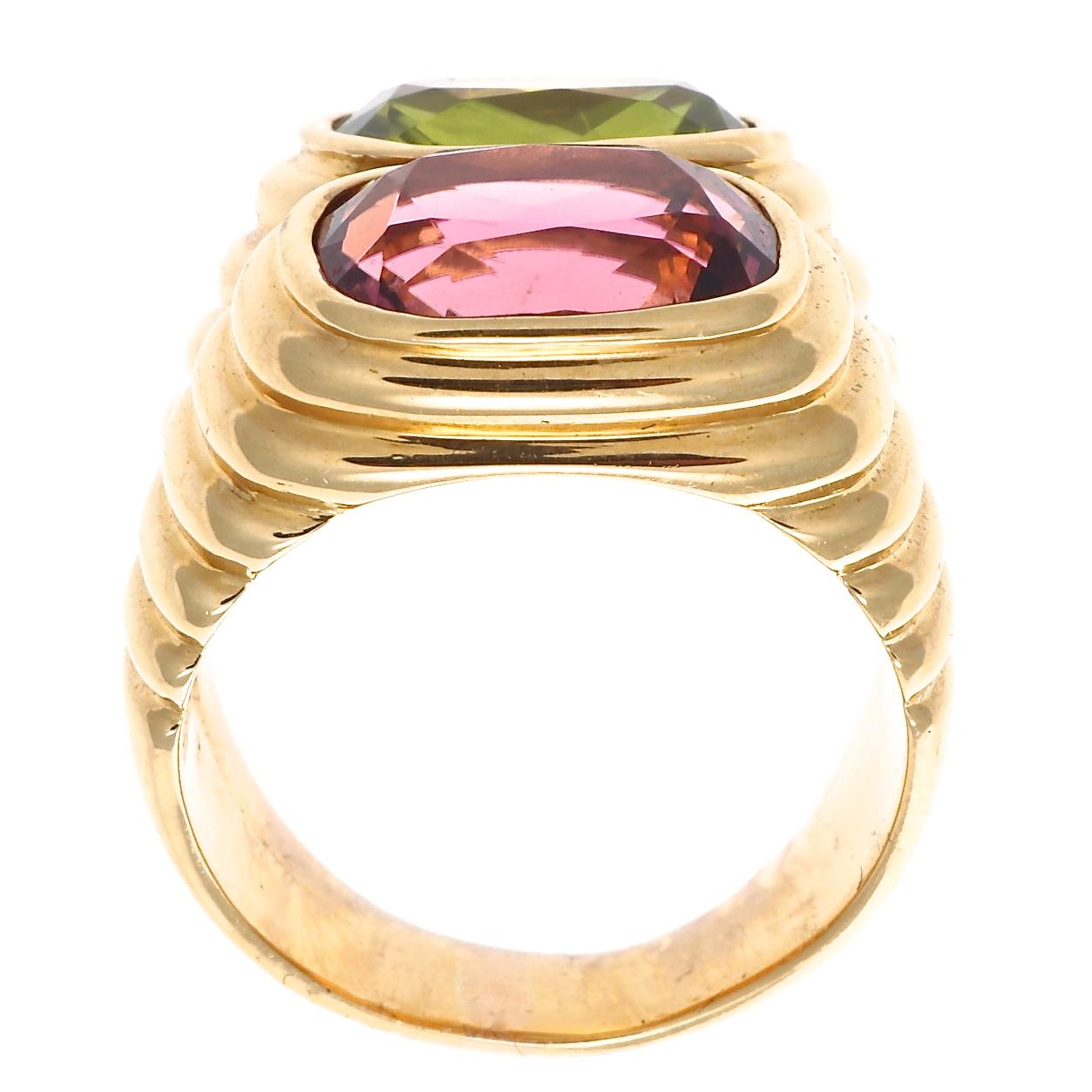 Contemporary Bulgari Pink Tourmaline Peridot 18 Karat Ring