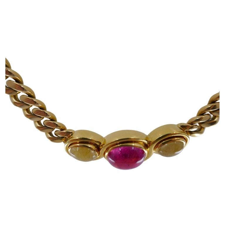 Bulgari Pink Tourmaline Rutilated Quartz Gold Necklace In Excellent Condition In Beverly Hills, CA
