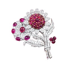 Vintage Bulgari Platinum and 18 Karat Yellow Gold Ruby and Diamond Flower Brooch