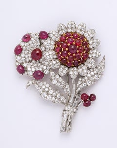 Bulgari Platinum and 18 Karat Yellow Gold Ruby and Diamond Flower Brooch