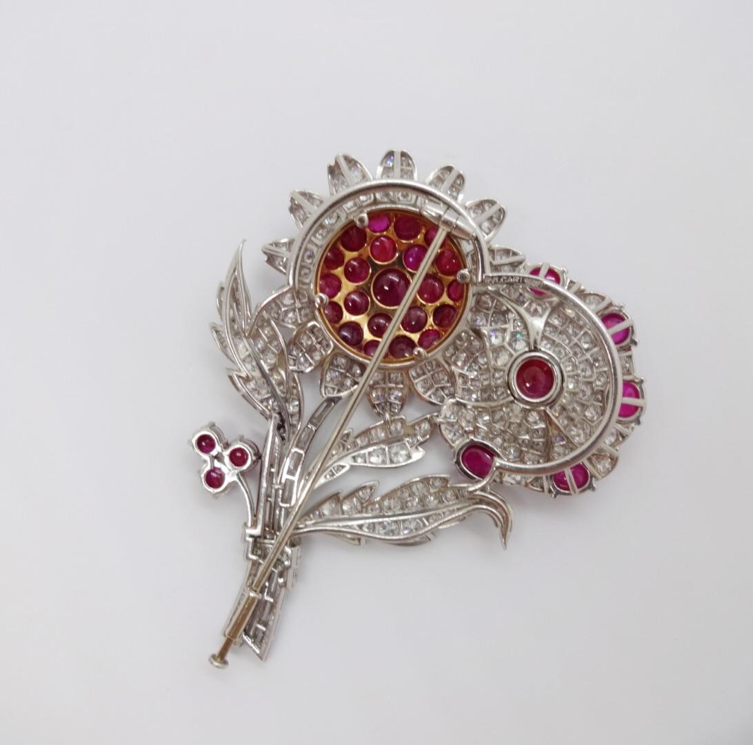 Bulgari Platinum and 18 Karat Yellow Gold Ruby and Diamond Flower Brooch In Excellent Condition For Sale In New York, NY