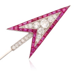 BULGARI Platinum, Ruby, and Diamond Art Deco Arrow Brooch
