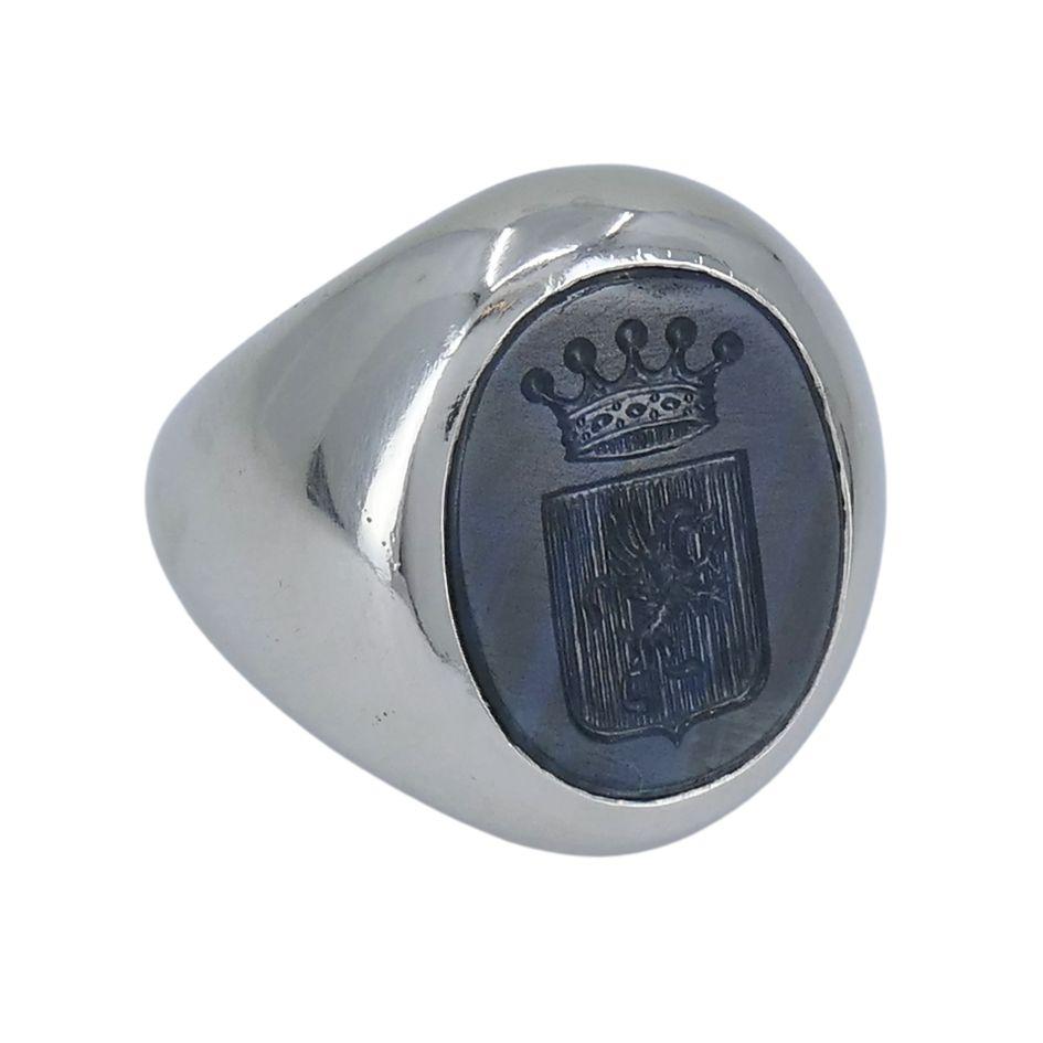 Single Cut Bvlgari Platinum Sapphire Custom Family Crest Signet Ring