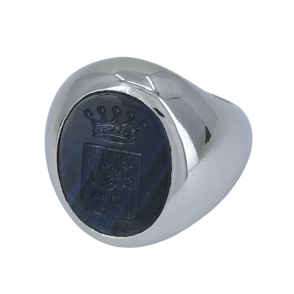 Bvlgari Platinum Sapphire Custom Family Crest Signet Ring In Good Condition In Beverly Hills, CA