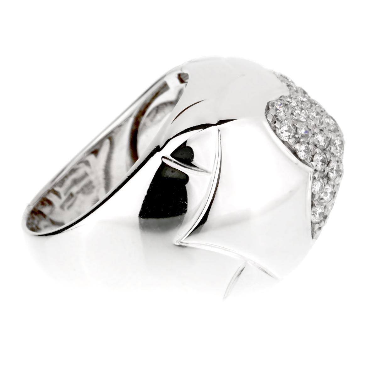 A chic authentic Bulgari diamond ring featuring the finest Bulgari round brilliant cut diamonds set in 18k white gold.