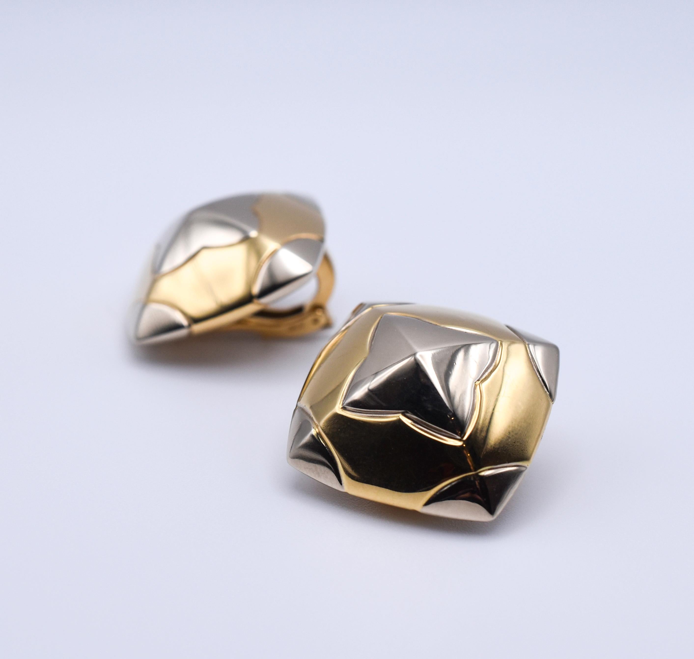 A Vintage Pair of Bulgari Two Tone 18k Gold Earclips from the 'Pyramid' Collection. 
Made in Italy, circa 1980