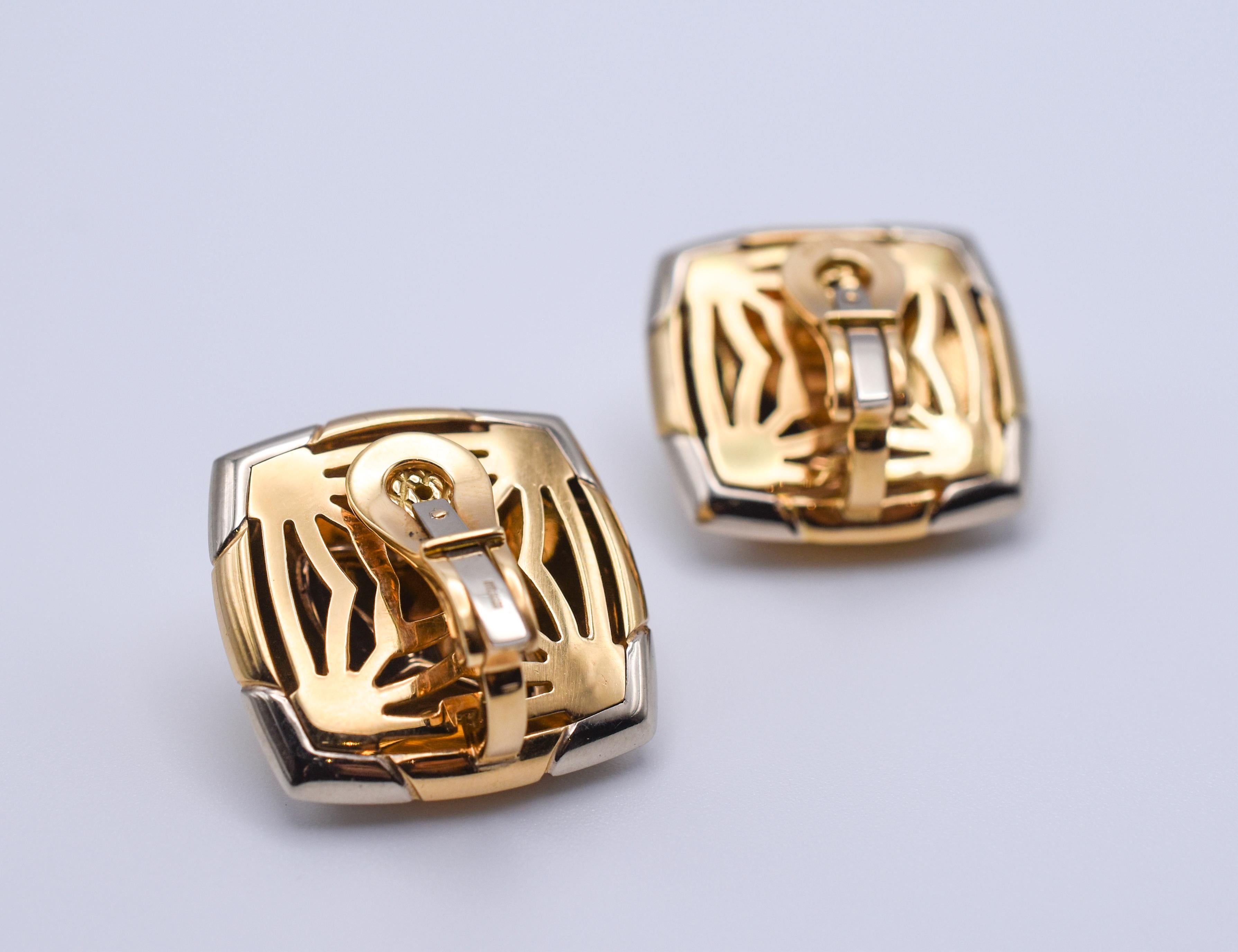 Bulgari 'Pyramid' Two Tone 18k Gold Earclips In Excellent Condition In New York, NY