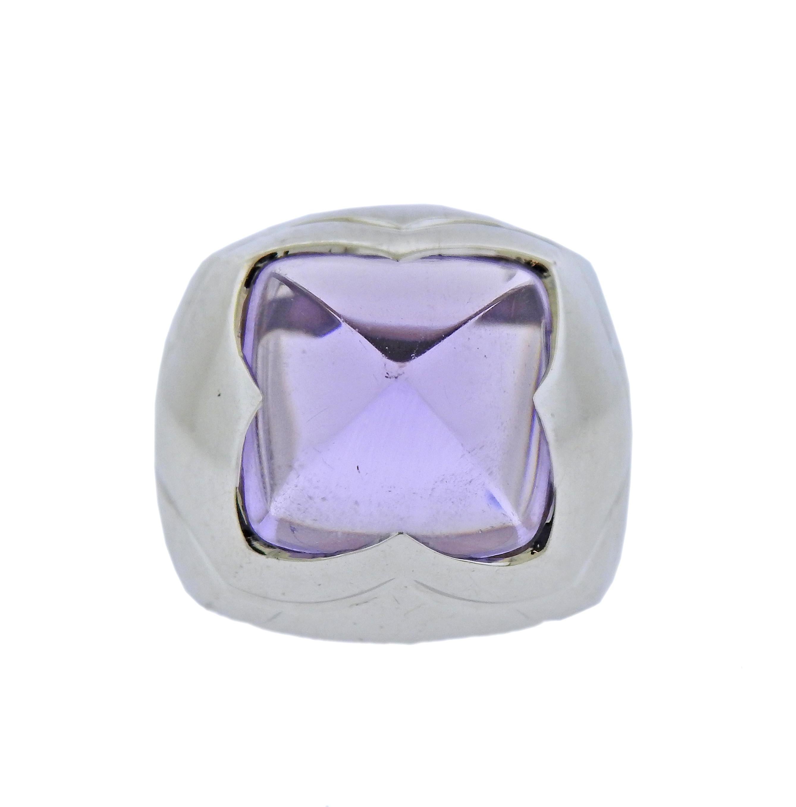 18k white gold ring by Bvlgari, from Pyramide collection, set with amethyst. Ring size - 5, ring top - 18mm x 18mm. Marked: Bvlgari, 750, made in Italy. Weight - 15.4 grams.