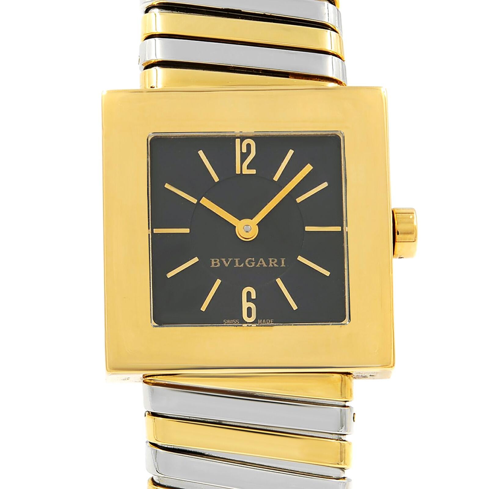 This pre-owned Bvlgari Tubogas SQ 22 2T is a beautiful Ladies timepiece that is powered by a quartz movement which is cased in a yellow gold case. It has a square shape face, no features dial and has hand sticks & numerals style markers. It is