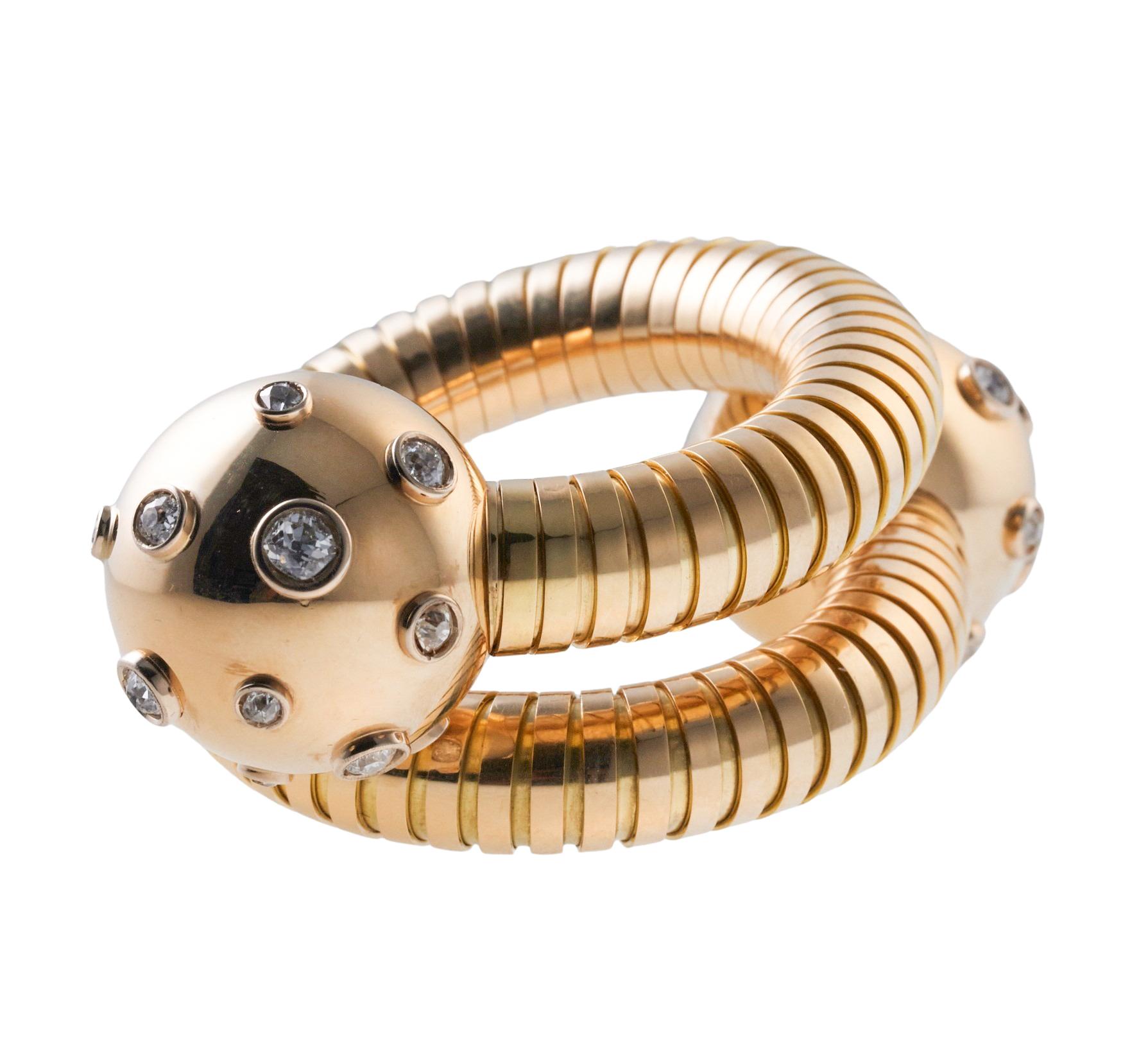Bulgari Rare Tubogas Gold Diamond Ball Bypass Wrap Bracelet In Excellent Condition In New York, NY