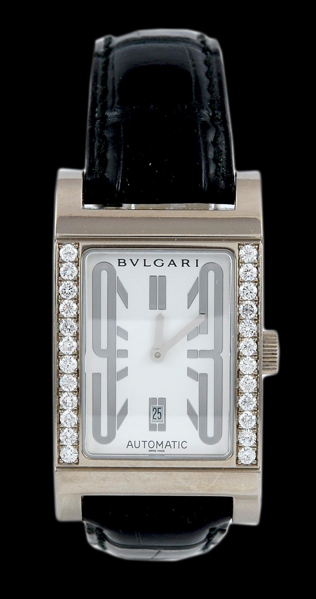 Bulgari Montre Rettangolo à bracelet en cuir et diamants Unisexe en vente
