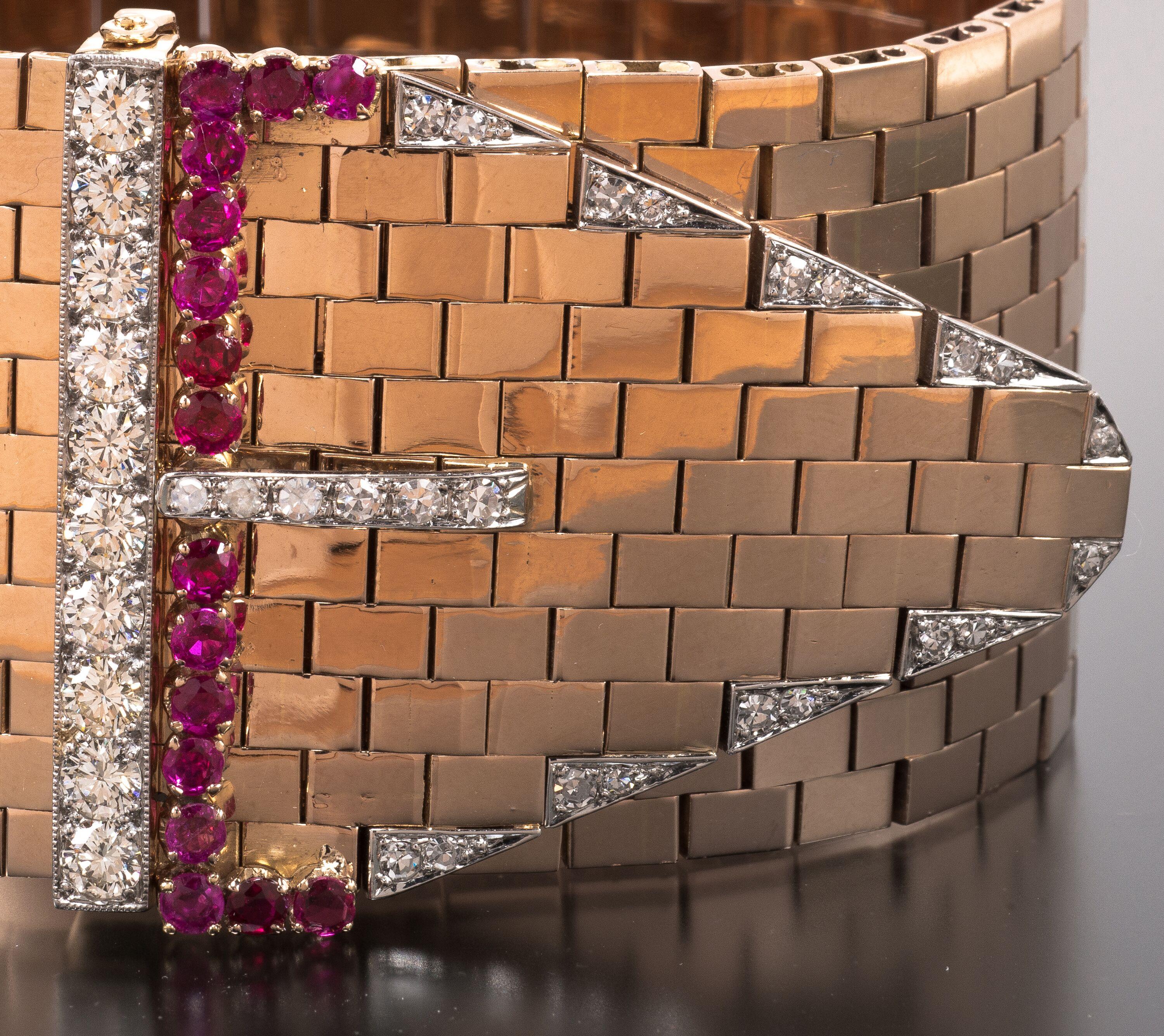 Round Cut Bulgari Retro Ruby Diamond Rose Gold Cuff 