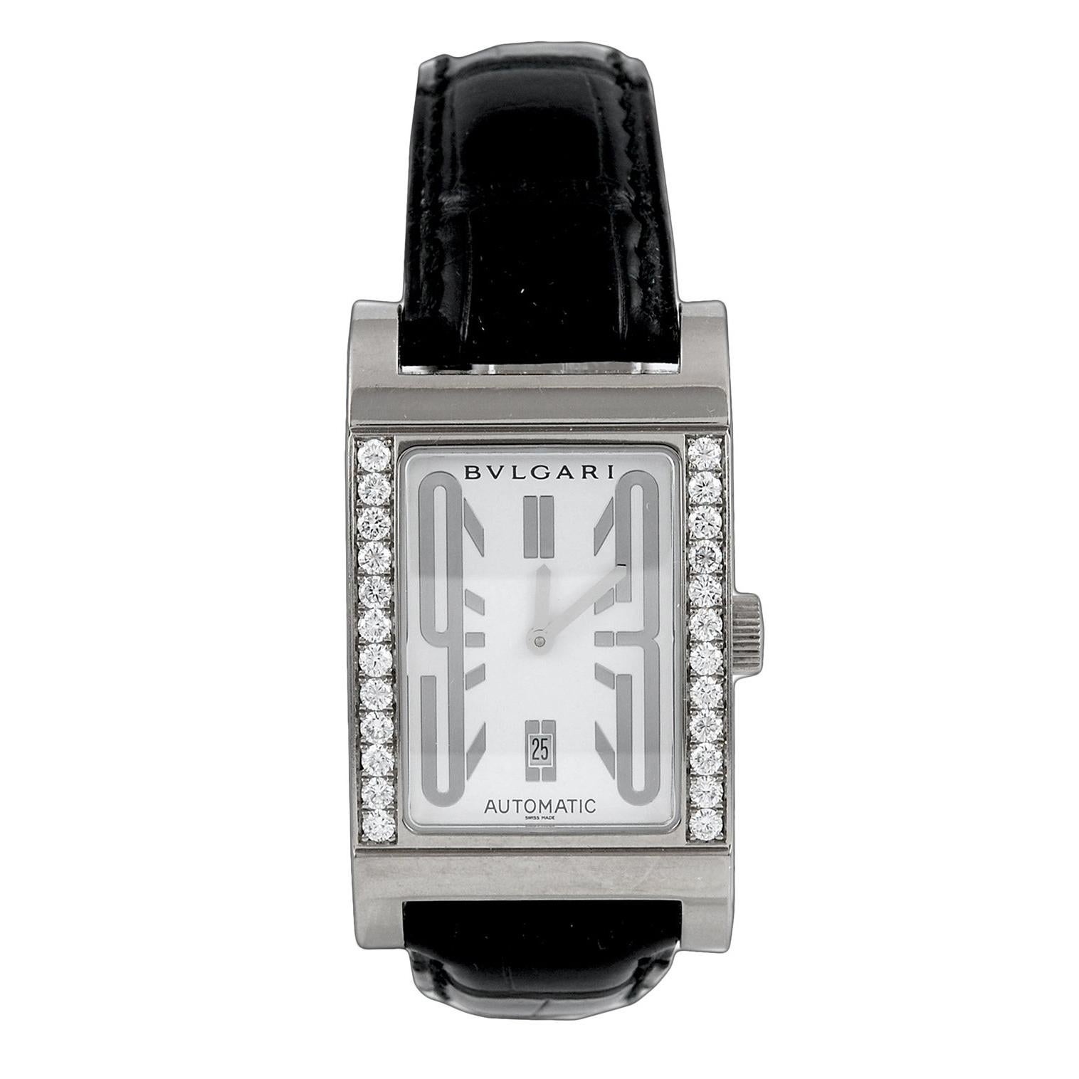 Bulgari Rettangolo Diamond Leather Strap Watch For Sale