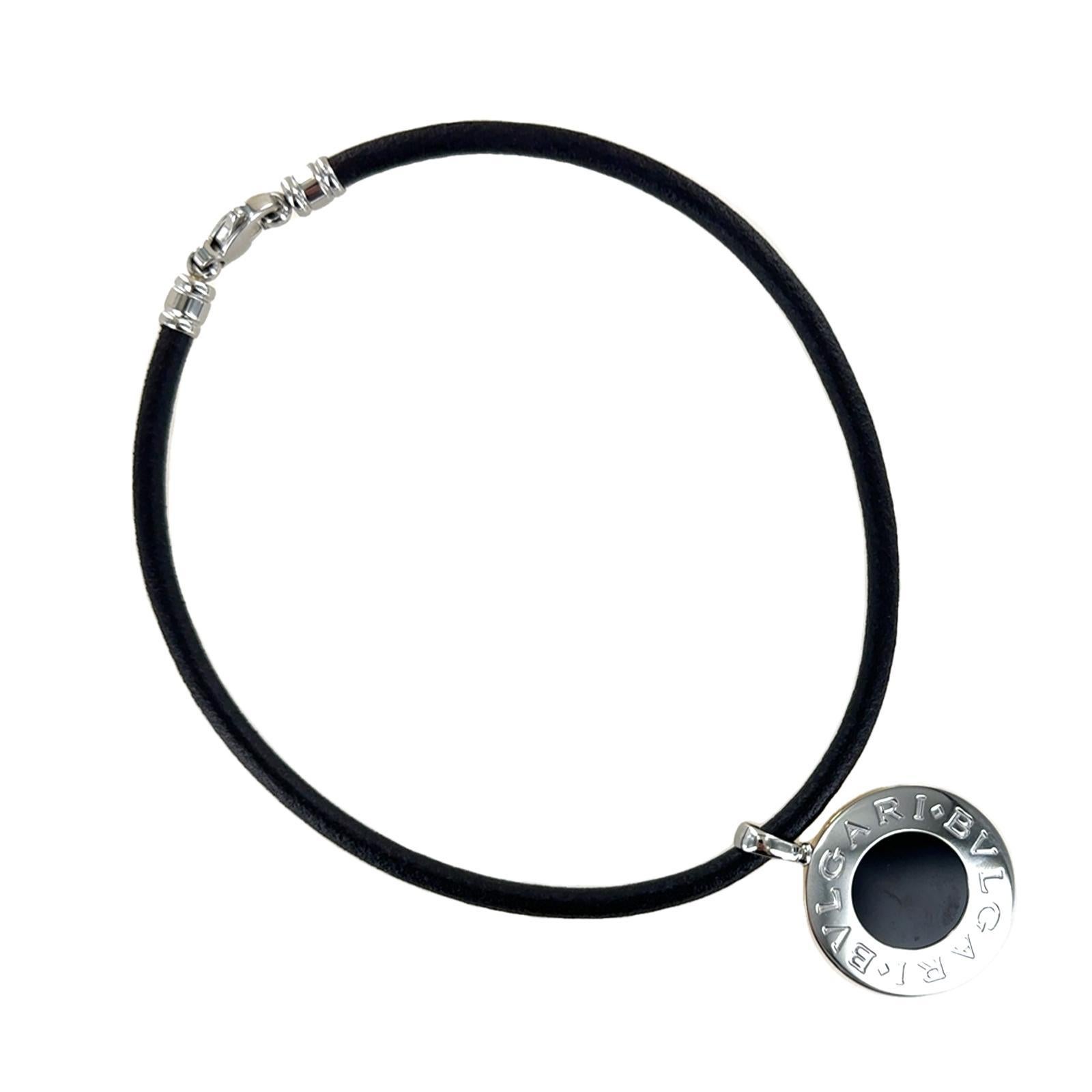 Modern Bulgari Reversible Tondo Mother of Pearl & Onyx 18KG SS Necklace Leather Cord