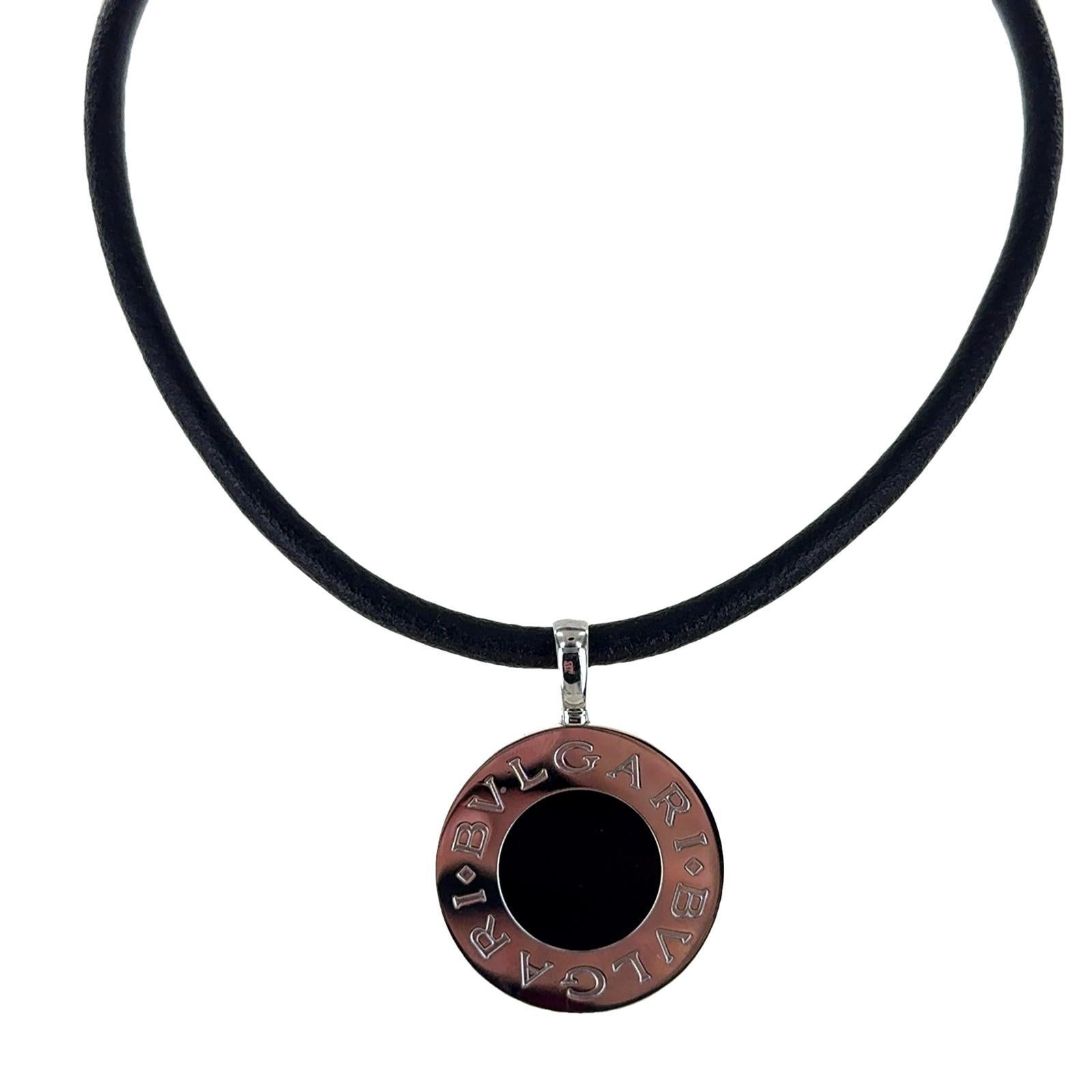 Bulgari Reversible Tondo Mother of Pearl & Onyx 18KG SS Necklace Leather Cord In Excellent Condition In Boca Raton, FL