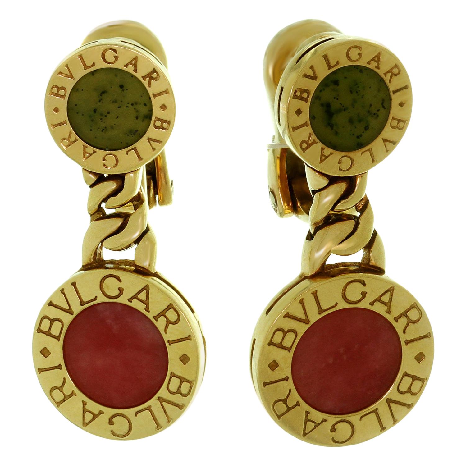 Bulgari Rhodochrosite and Jade Yellow Gold Drop Earrings