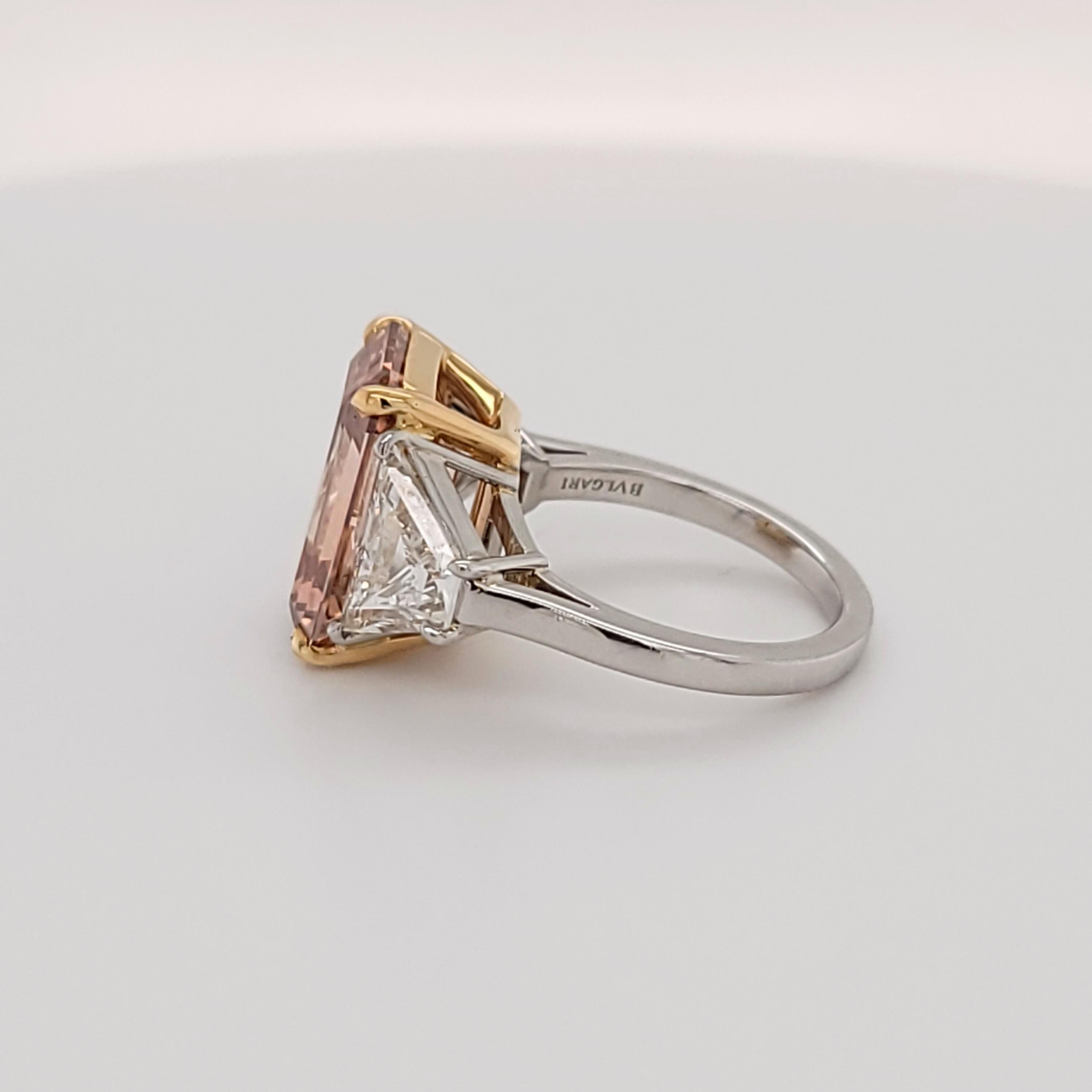 An elegant and rare 8.50 Carat Emerald Cut Fancy Deep Brown-Pink diamond in a Bulgari ring, set between two trapezoid diamond shoulder stones.

Fancy  Deep Brown-Pink diamond weighing 8.50 carats
Accompanied by GIA report 2195098842 stating that the