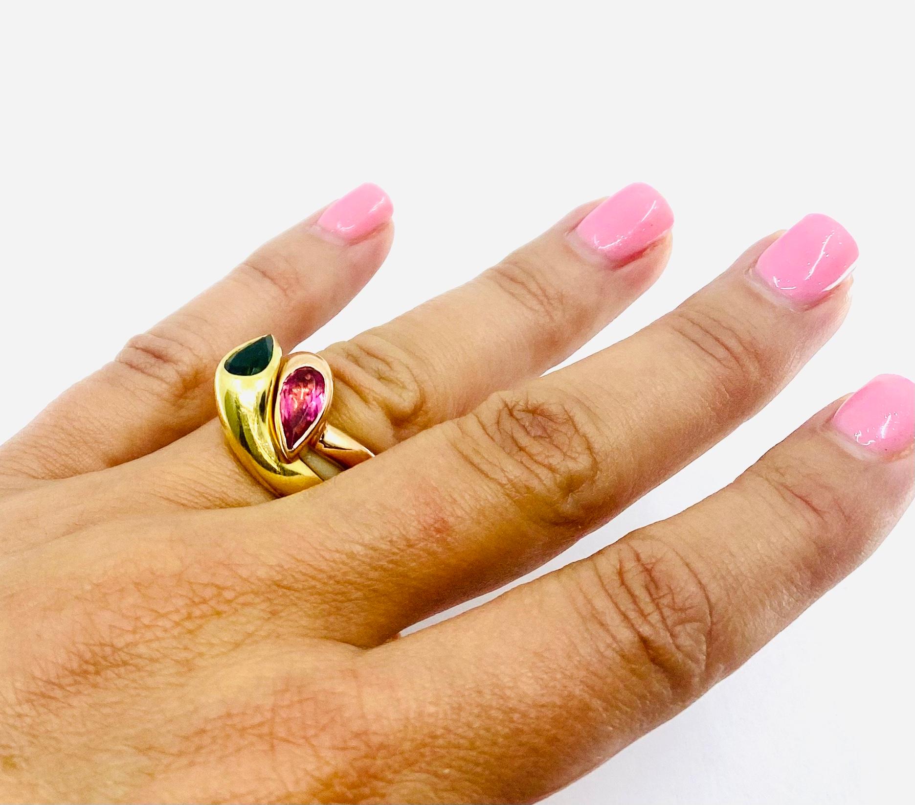 DESIGNER: Bulgari
CIRCA: 1980’s
MATERIALS: 18K Yellow & Pink Gold
GEMSTONE: Pink Tourmaline
GEMSTONE 2: Green Tourmaline
WEIGHT: 17.3 grams
RING SIZE: 6.5 & 6.75
HALLMARKS: BVLGARI, 750

A pair of Bulgari rings made of 18k yellow and pink gold,