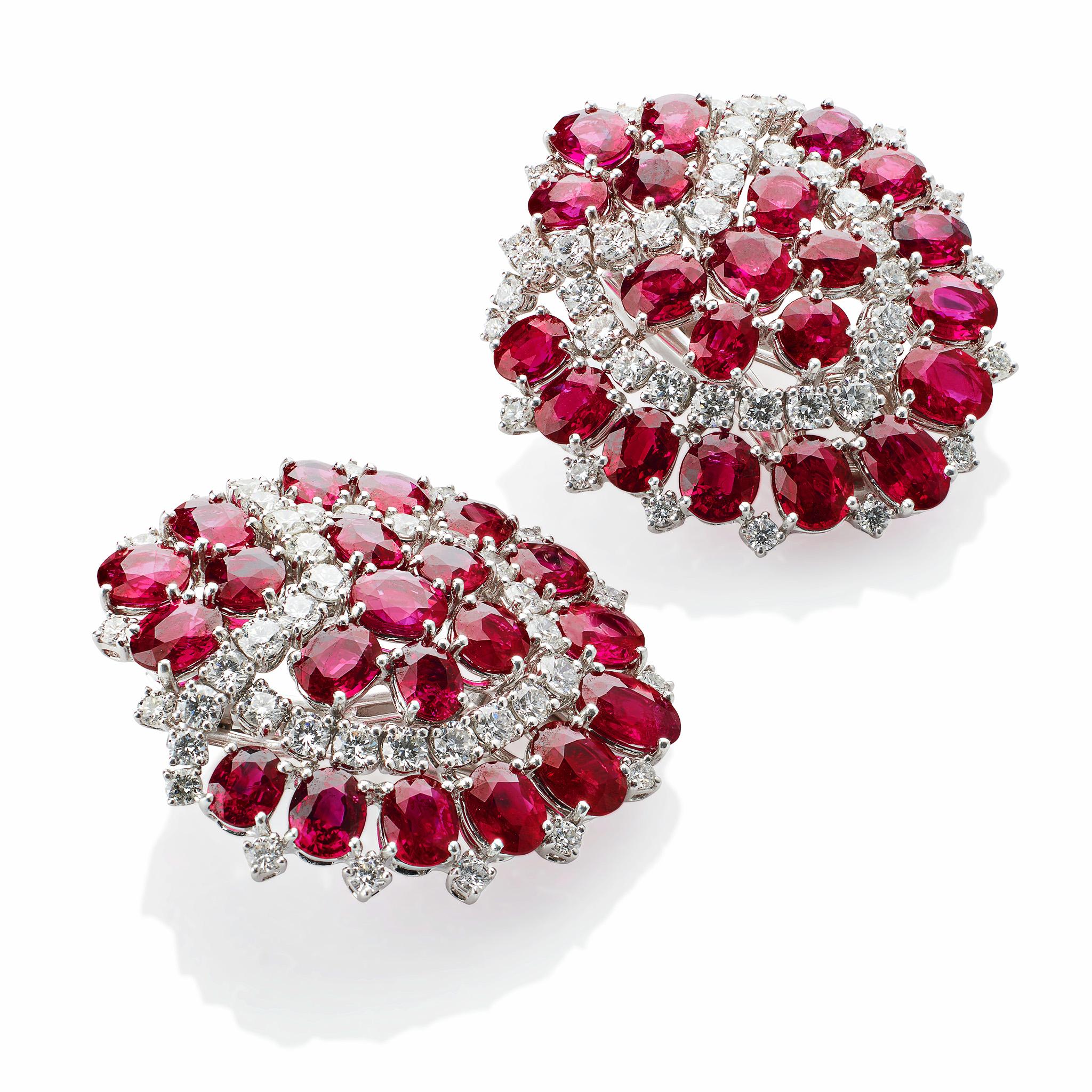 Oval Cut Bulgari Roma 1960s Ruby and Diamond Clip Earrings For Sale