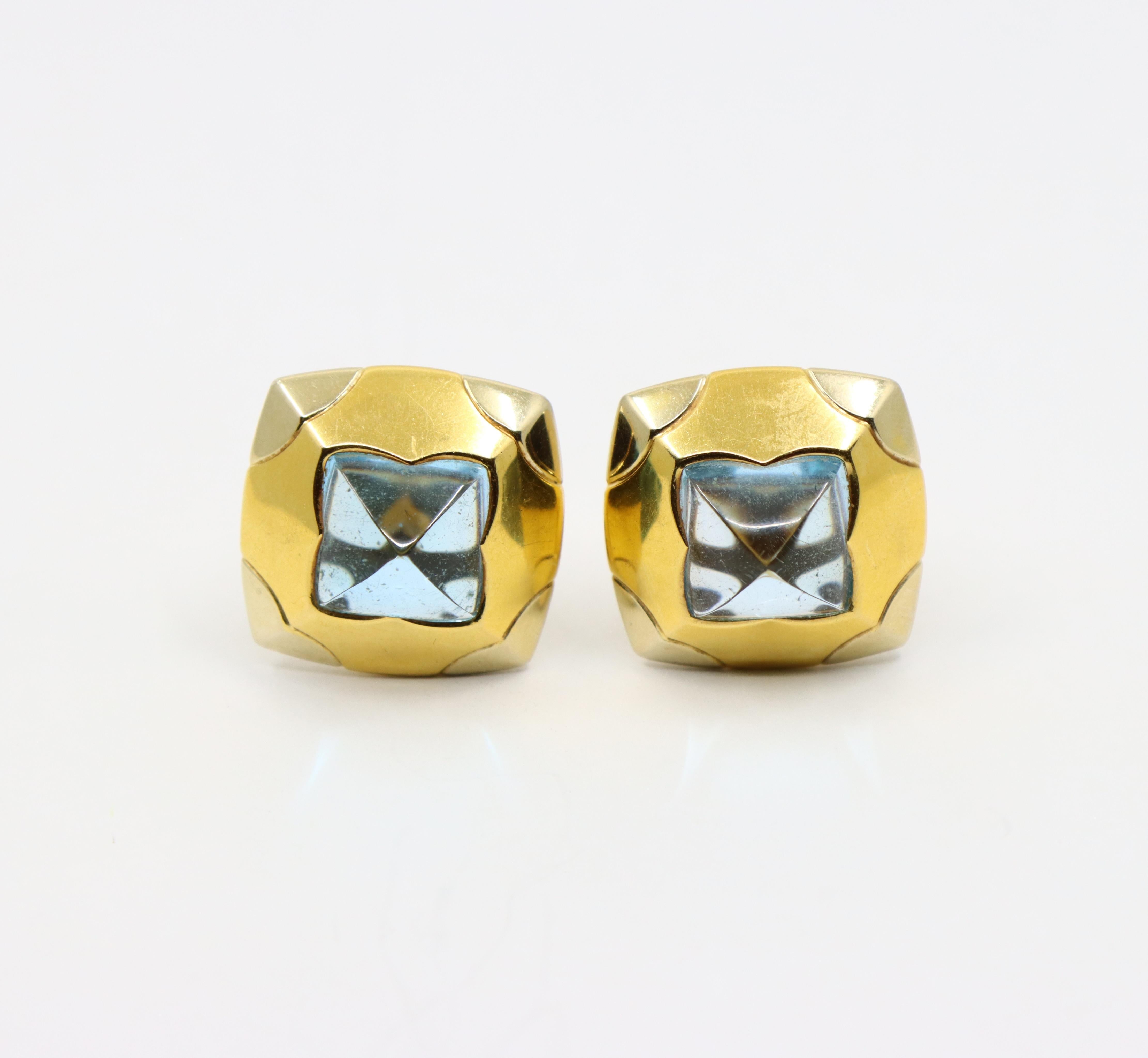 Donna Orecchino Bulgari Roma Pyramid in oro 18 carati con Topazio Blu in vendita