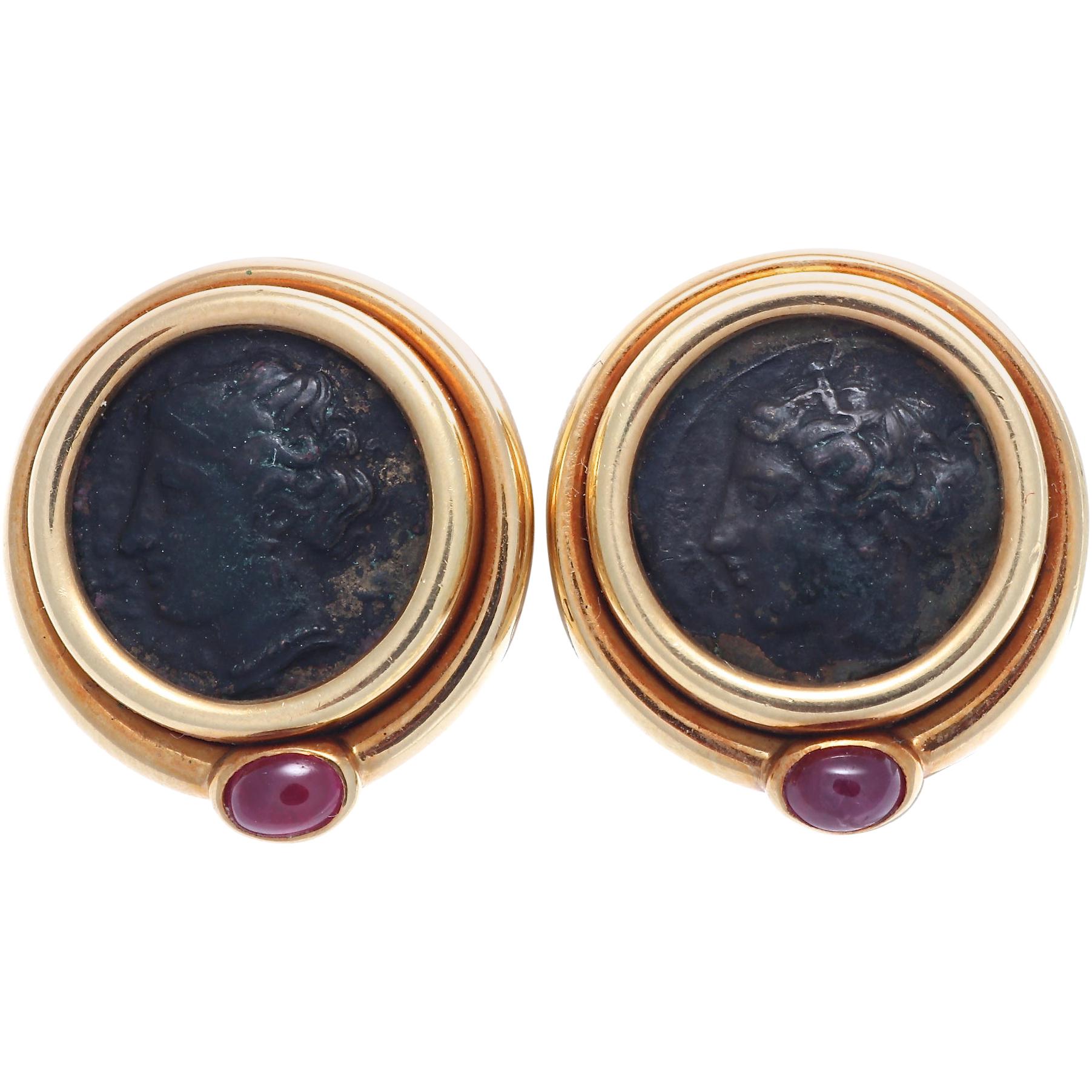 Bulgari Roman Coin Ruby Gold Earrings 