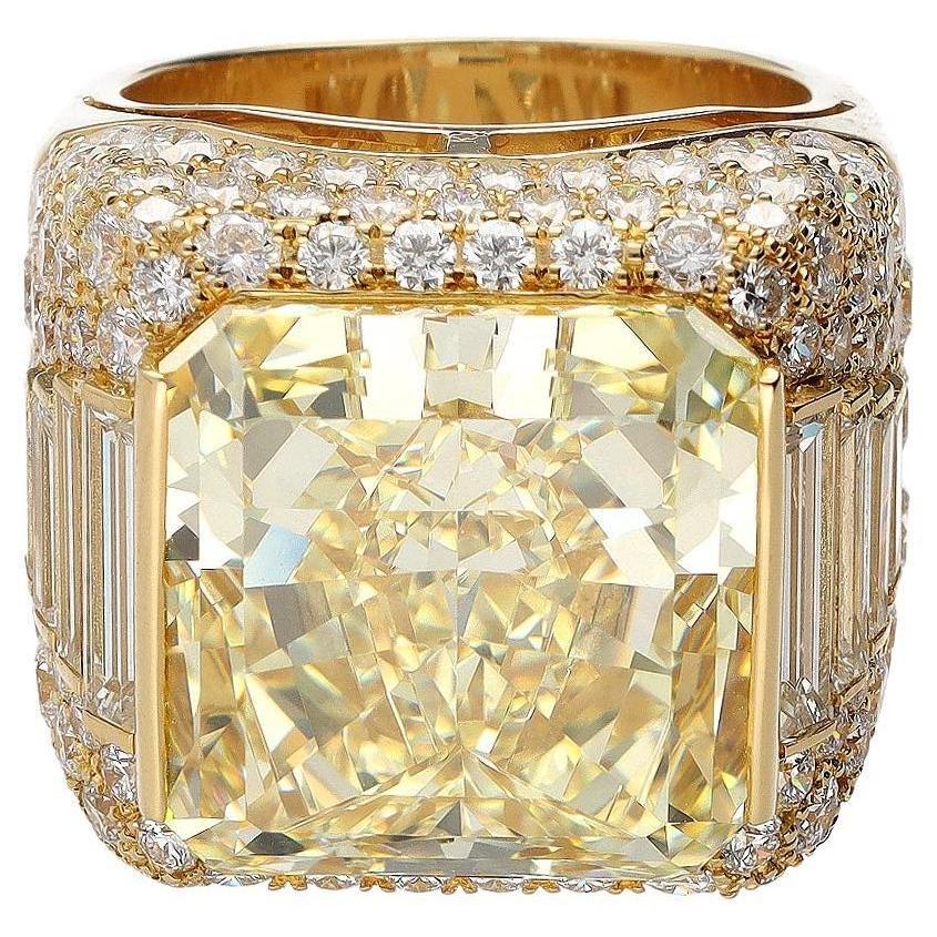 Bulgari Rome Fancy Yellow Cut Cornered Square 22.50 Carat Diamond Trombino Ring