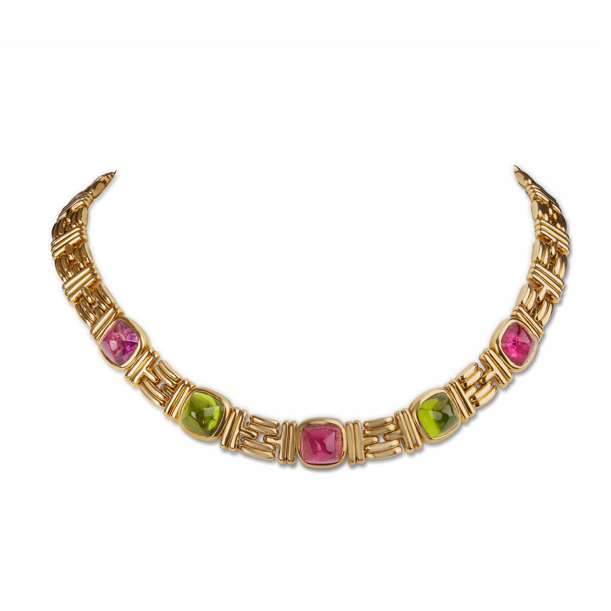 Bulgari Rom Halskette mit rosa Turmalin und Peridot (Kegel-Cabochon)