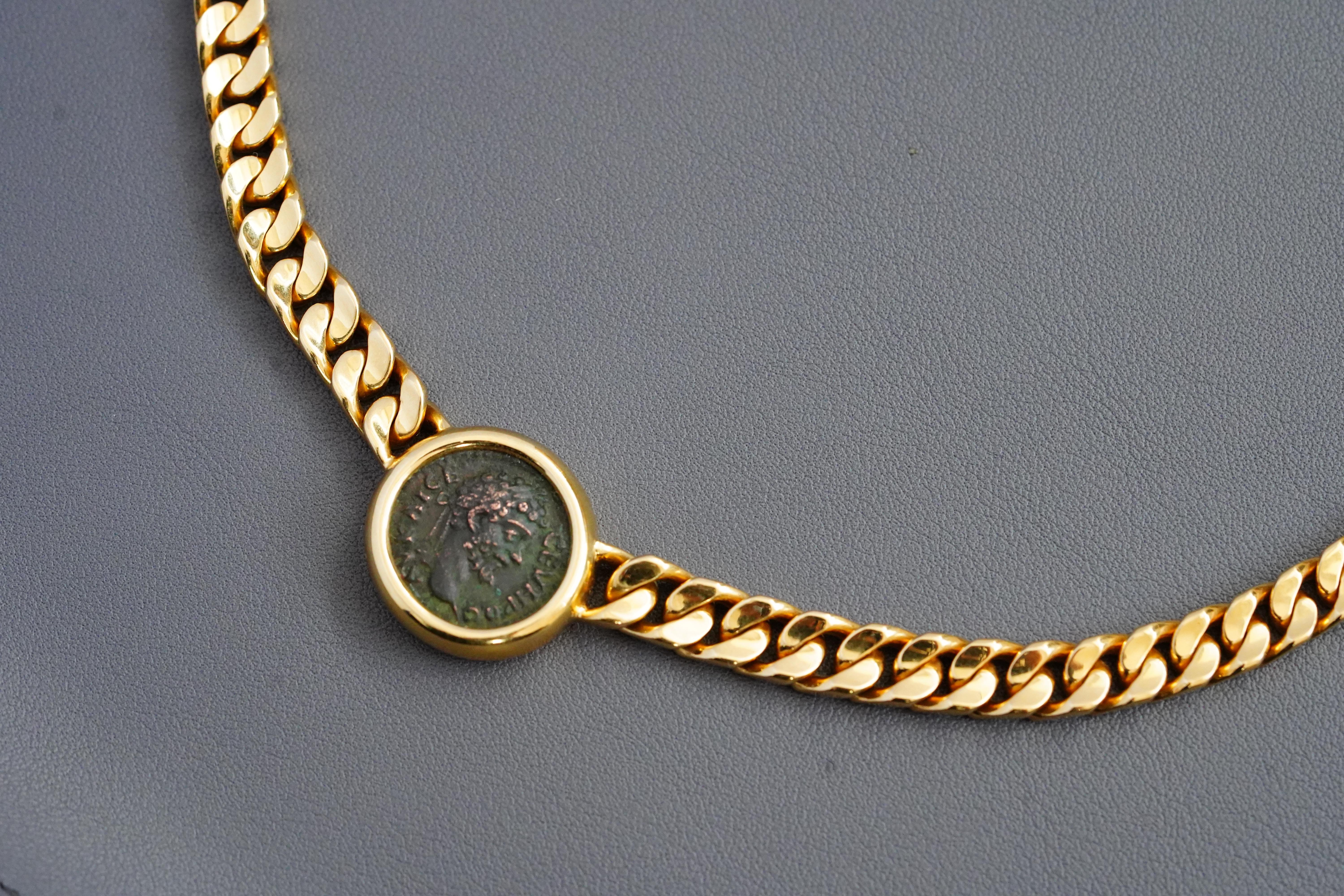 Bulgari Rom Vintage Antike Münze 'Monete' Gelbgold Curb Link Halskette im Angebot 1