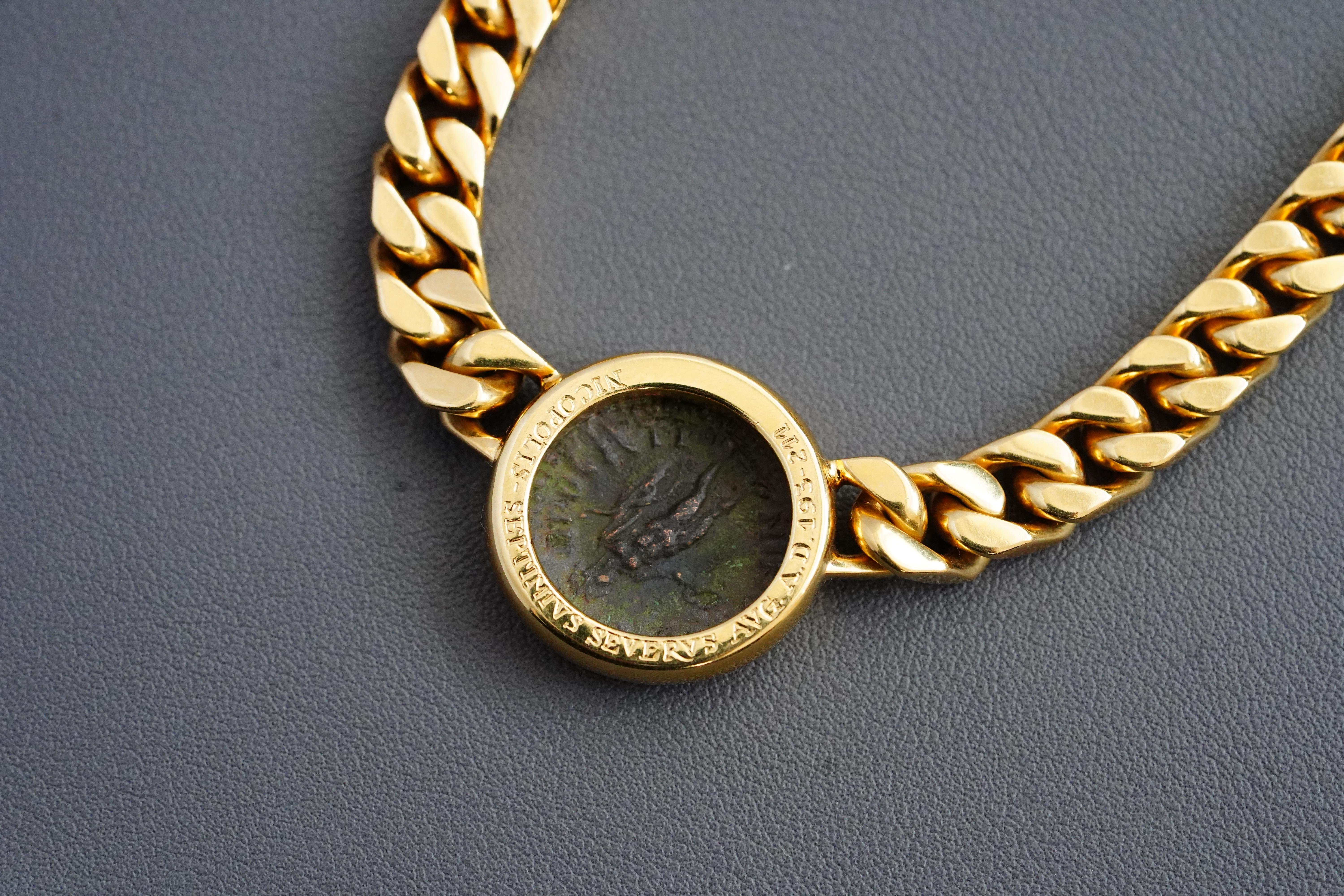 Bulgari Rome Vintage Ancient Coin ‘Monete’ Yellow Gold Curb Link Necklace In Excellent Condition For Sale In London, GB