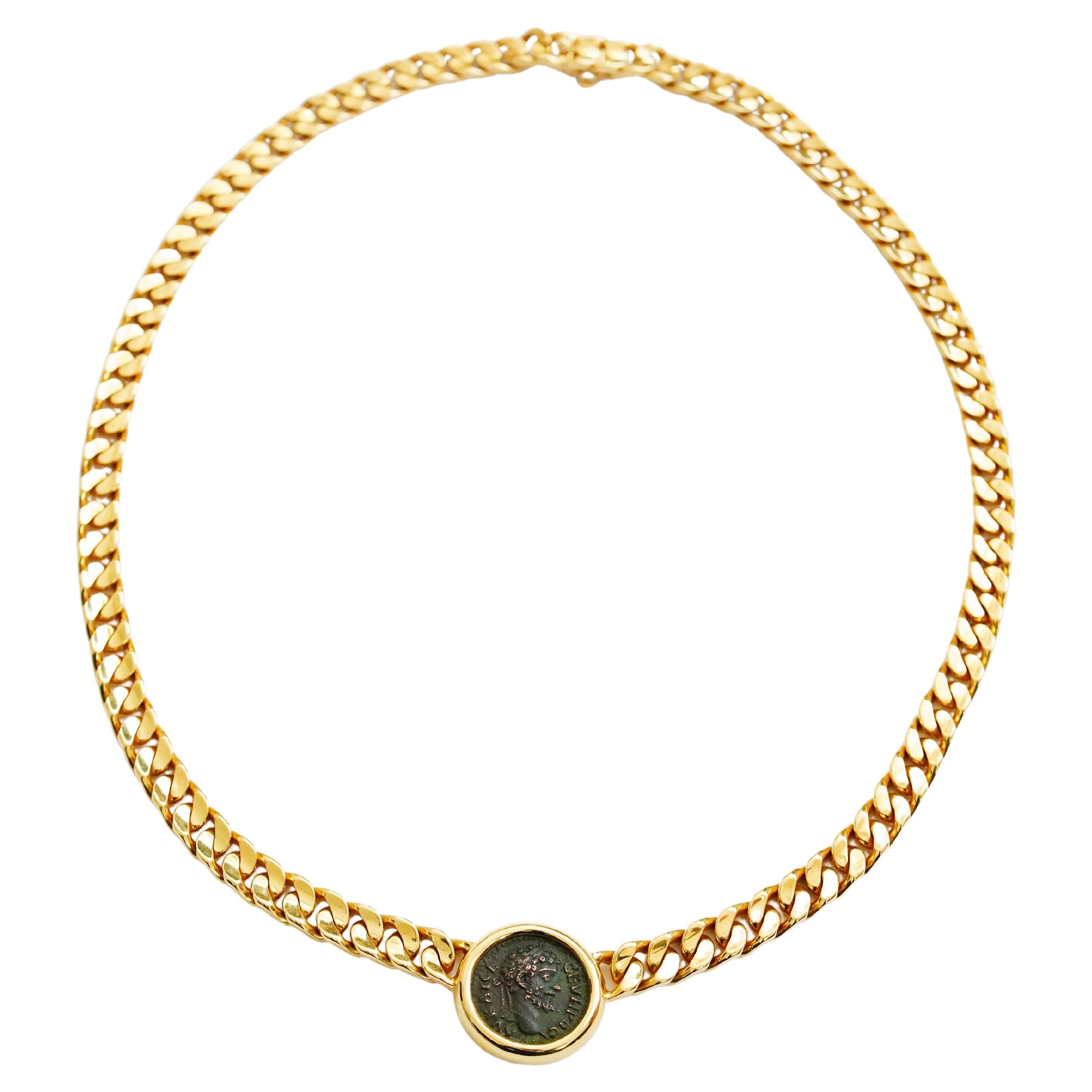 Bulgari Rom Vintage Antike Münze 'Monete' Gelbgold Curb Link Halskette im Angebot