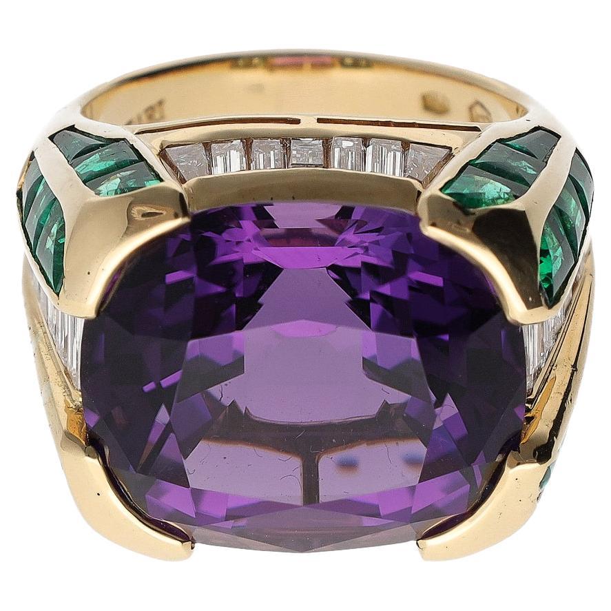 Bulgari Rome Vintage 'Carré' Amethyst Diamond Emerald 18KT Signet Ring For Sale