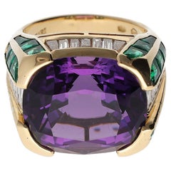 Bulgari Rome Vintage 'Carré' Amethyst Diamond Emerald 18KT Signet Ring